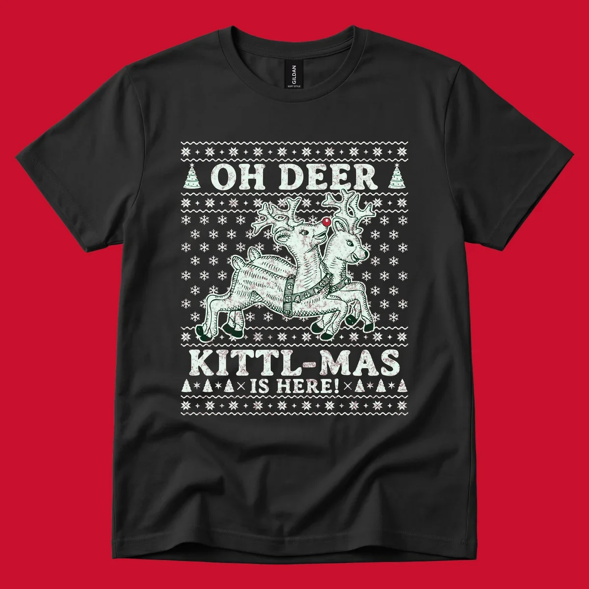 Oh Deer Kittl-Mas reindeer illustration with snowflakes and Christmas trees.