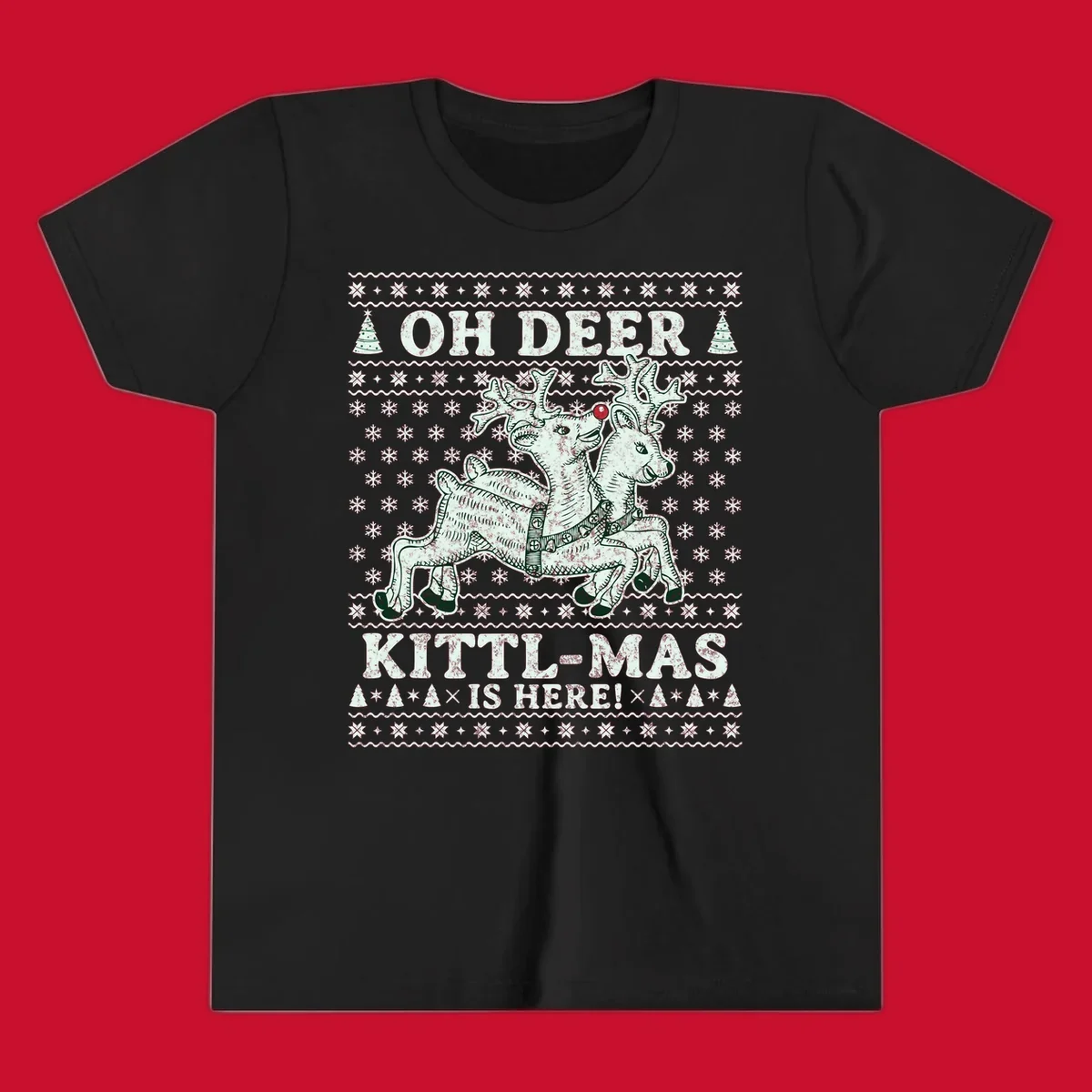 Oh Deer Kittl-Mas reindeer illustration with snowflakes and Christmas trees.