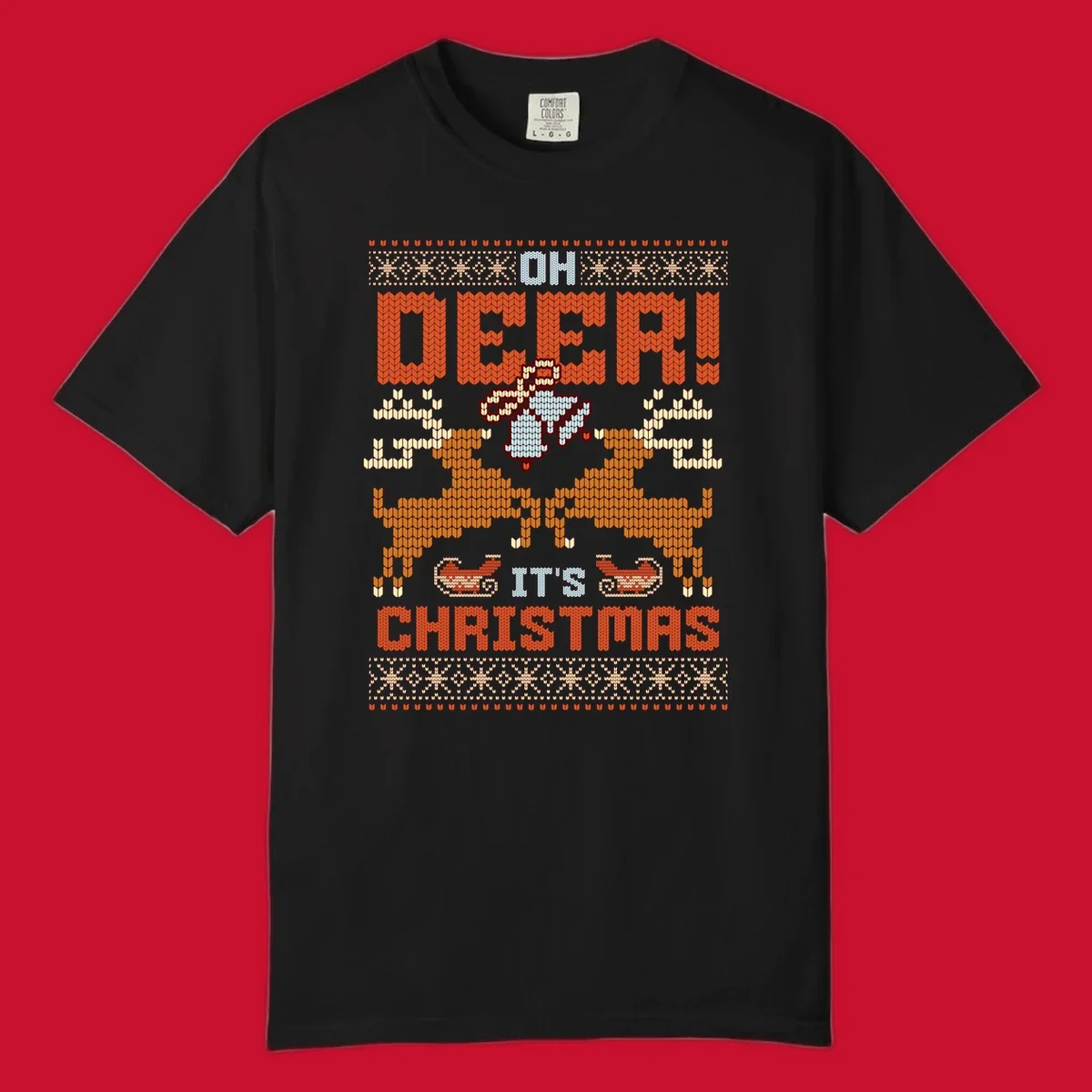 Oh Deer It's Christmas design with reindeer, bells, sleighs, and text in a knitted style.
