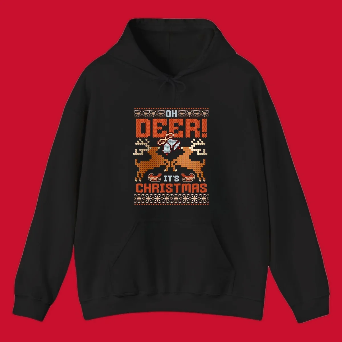 Oh Deer It's Christmas design with reindeer, bells, sleighs, and text in a knitted style.