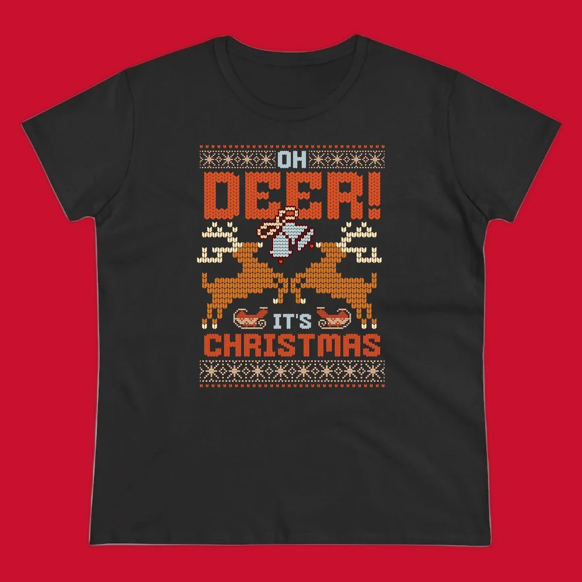 Oh Deer It's Christmas design with reindeer, bells, sleighs, and text in a knitted style.