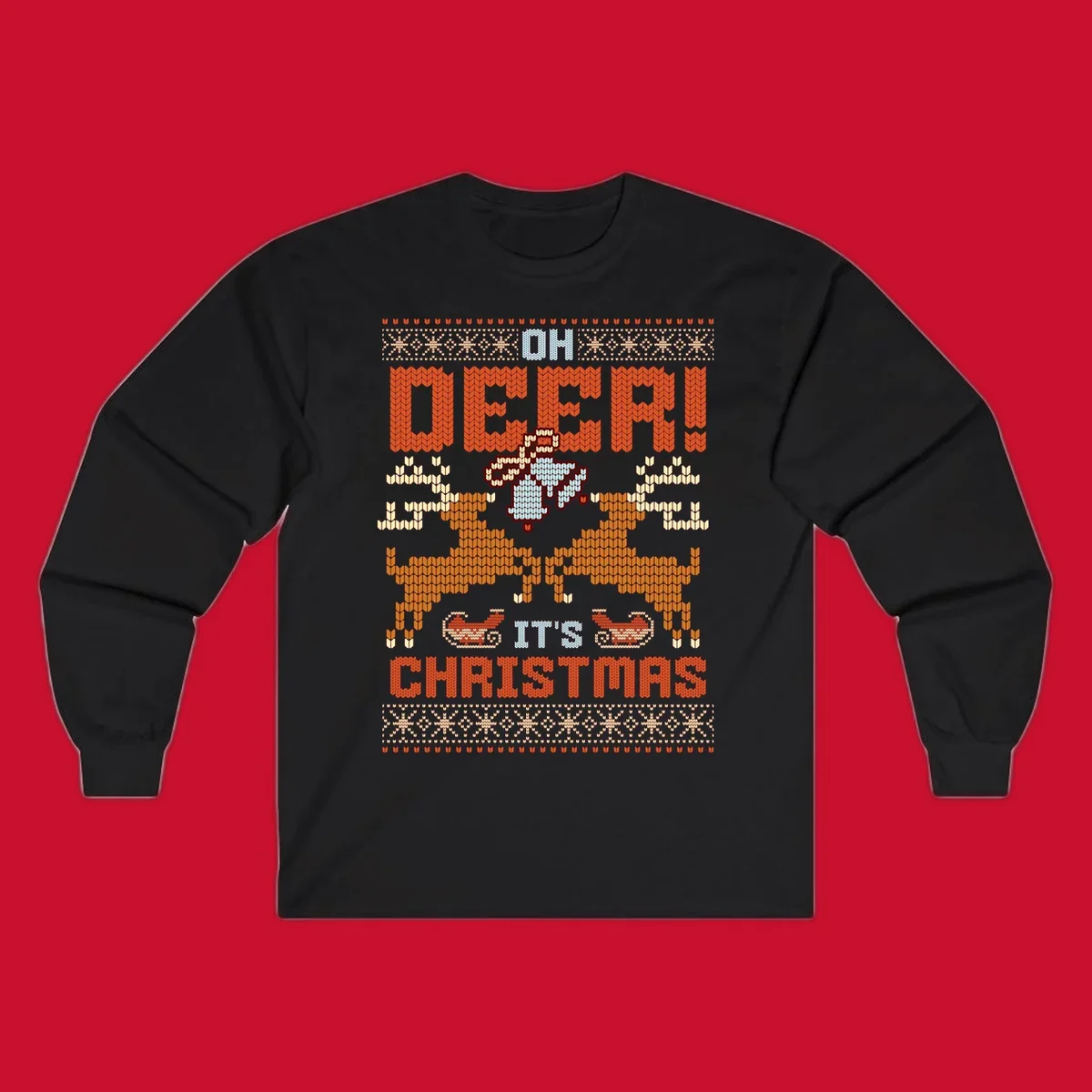 Oh Deer It's Christmas design with reindeer, bells, sleighs, and text in a knitted style.