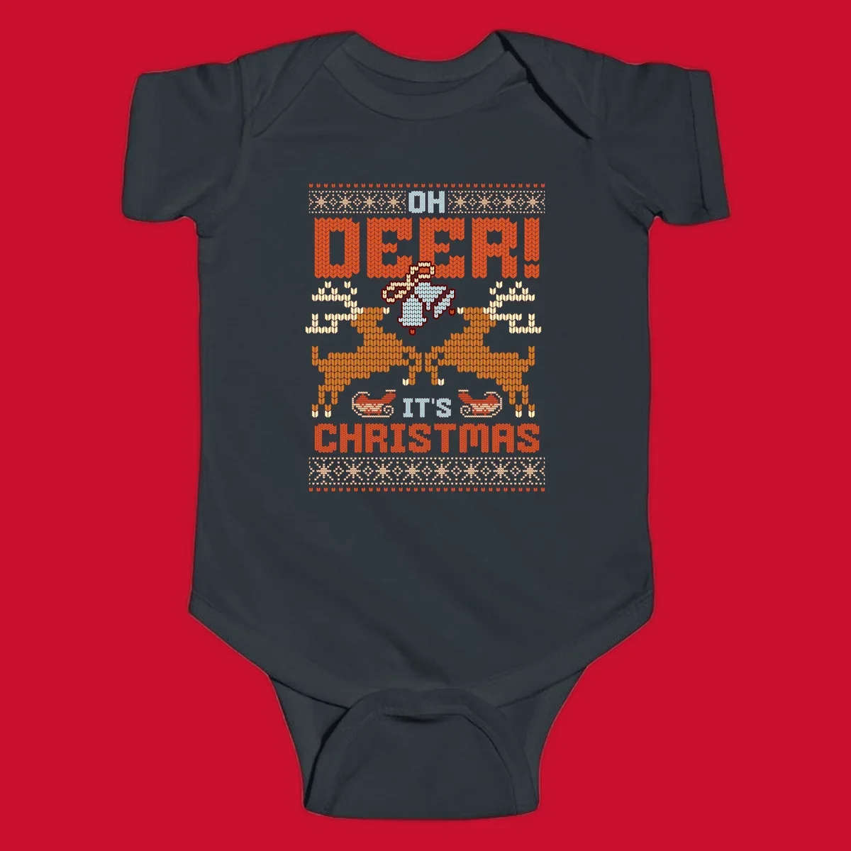 Oh Deer It's Christmas design with reindeer, bells, sleighs, and text in a knitted style.