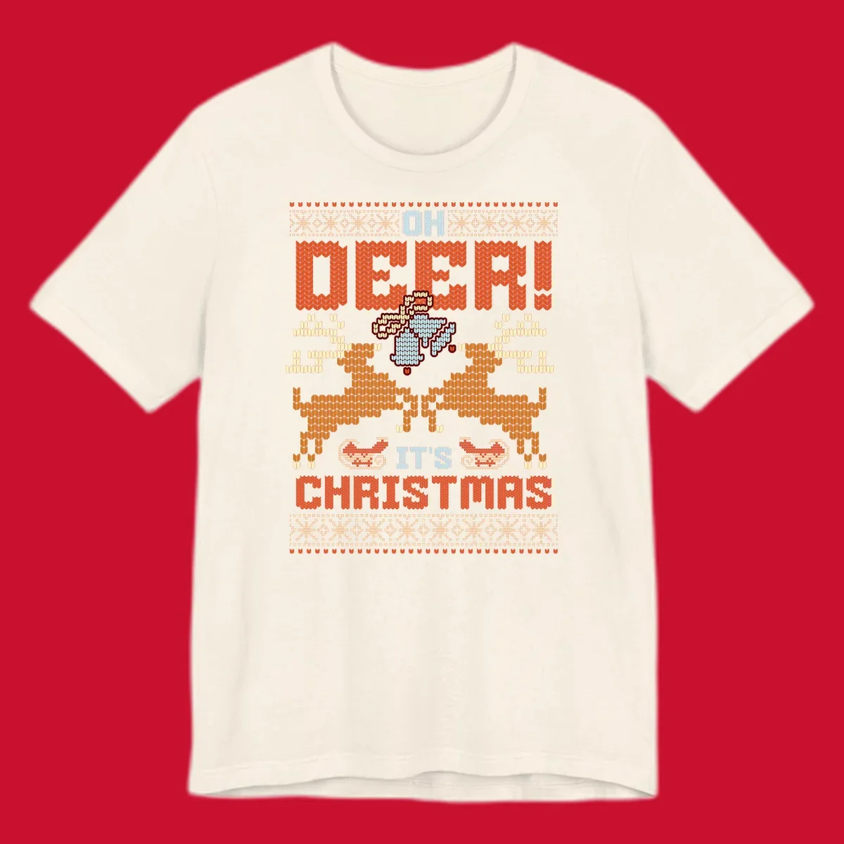 Oh Deer It's Christmas design with reindeer, bells, sleighs, and text in a knitted style.