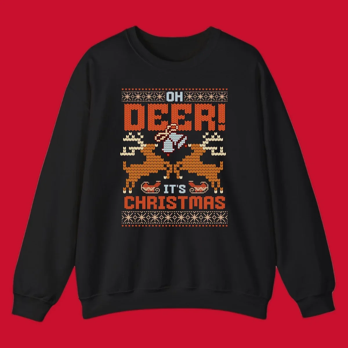 Oh Deer It's Christmas design with reindeer, bells, sleighs, and text in a knitted style.