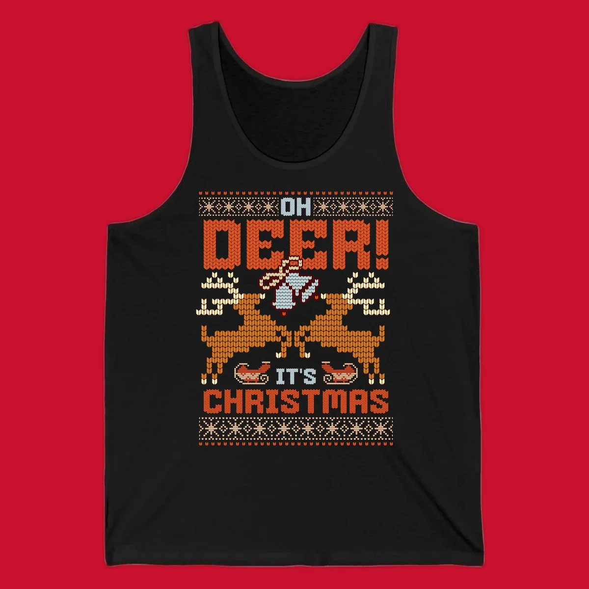 Oh Deer It's Christmas design with reindeer, bells, sleighs, and text in a knitted style.