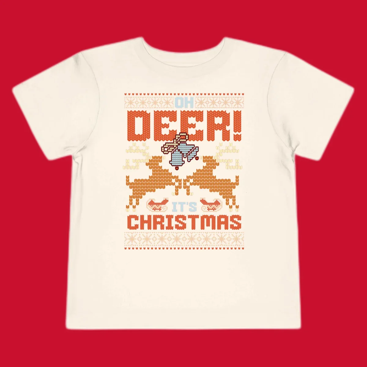 Oh Deer It's Christmas design with reindeer, bells, sleighs, and text in a knitted style.