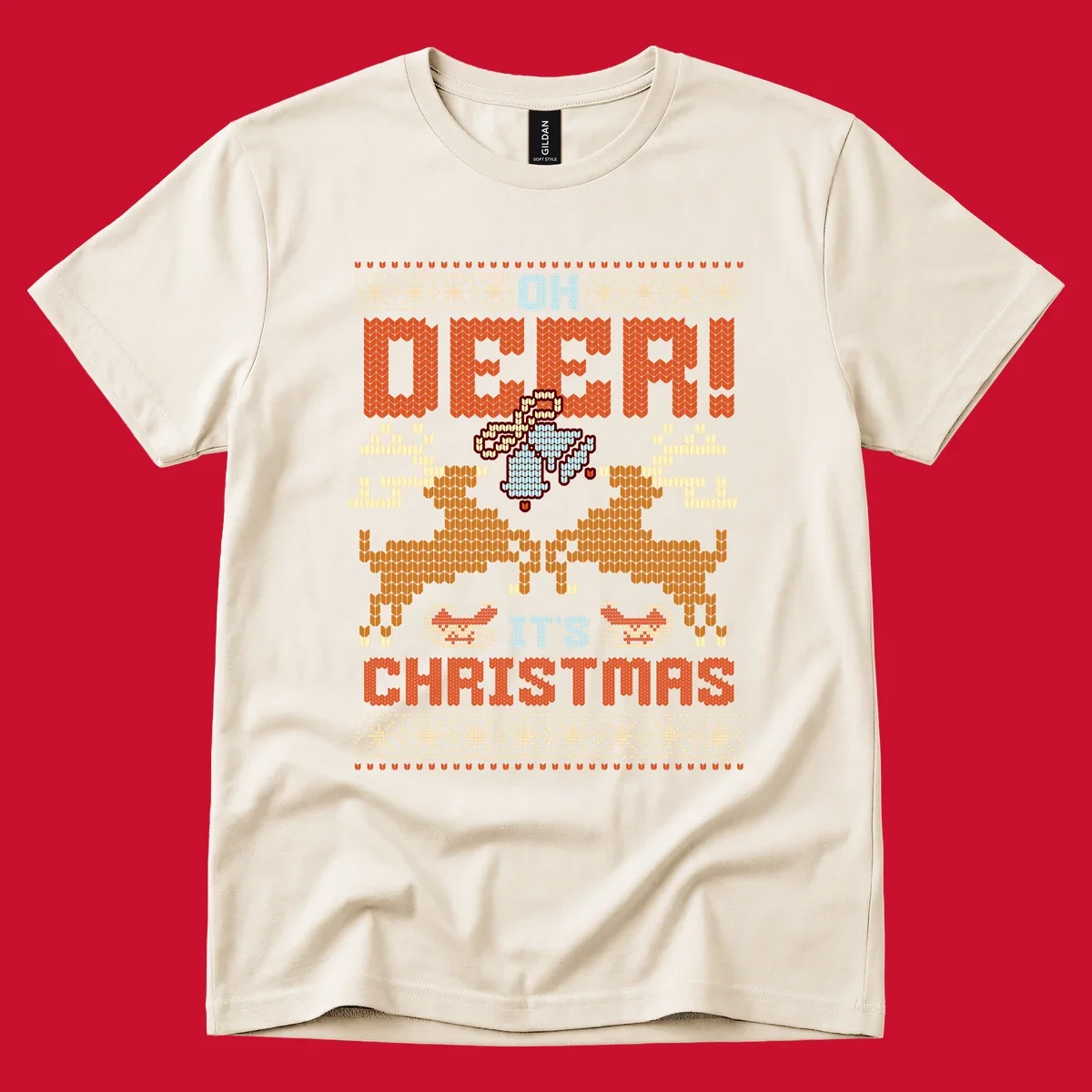 Oh Deer It's Christmas design with reindeer, bells, sleighs, and text in a knitted style.
