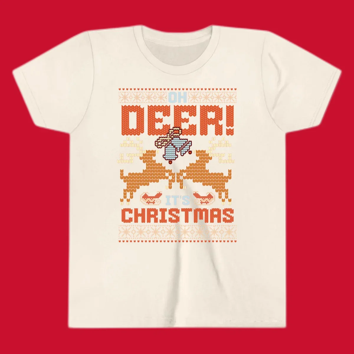 Oh Deer It's Christmas design with reindeer, bells, sleighs, and text in a knitted style.
