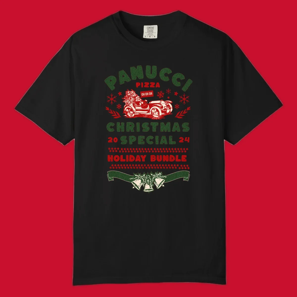 Panucci Pizza Christmas Special Holiday Bundle with Santa driving a car and festive elements.