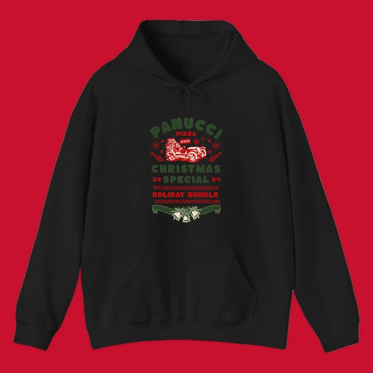 Panucci Pizza Christmas Special Holiday Bundle with Santa driving a car and festive elements.