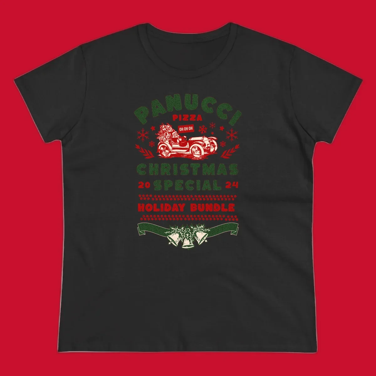 Panucci Pizza Christmas Special Holiday Bundle with Santa driving a car and festive elements.