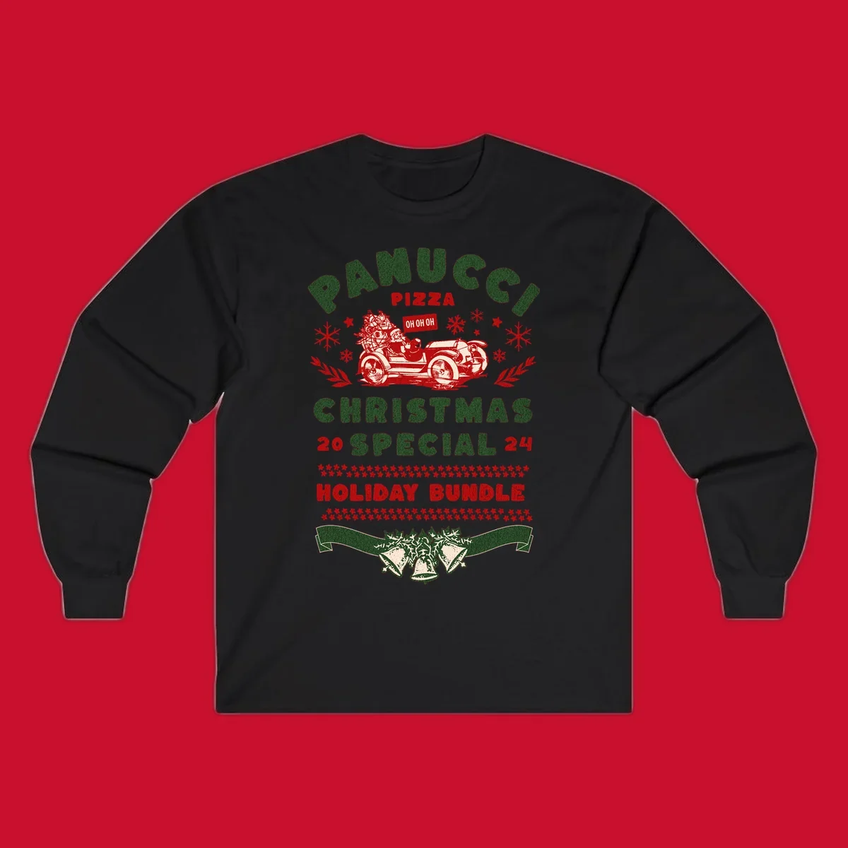 Panucci Pizza Christmas Special Holiday Bundle with Santa driving a car and festive elements.