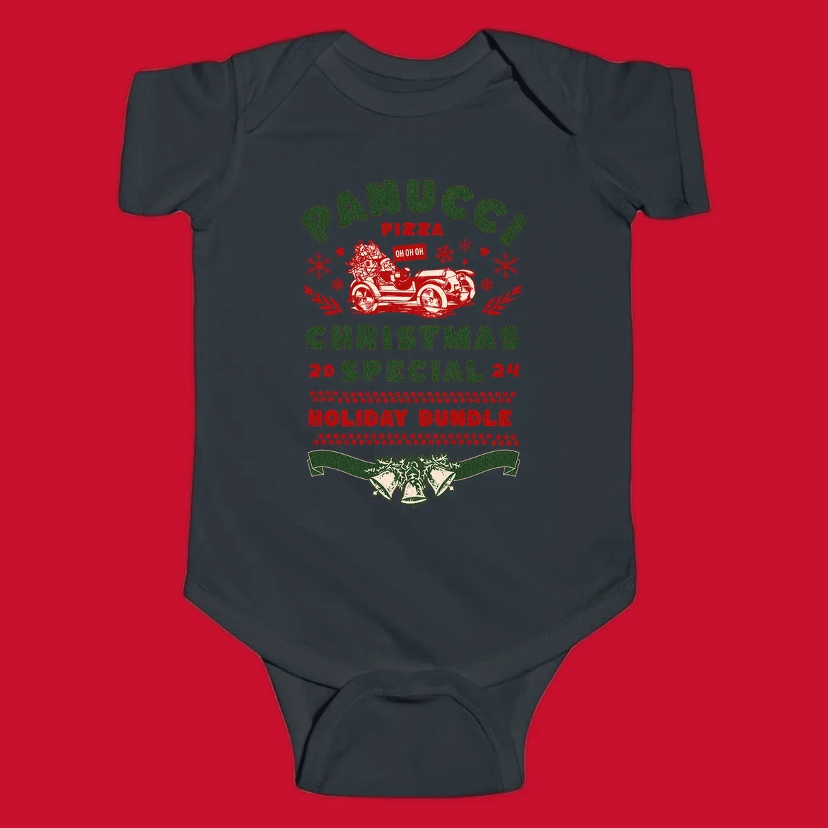Panucci Pizza Christmas Special Holiday Bundle with Santa driving a car and festive elements.