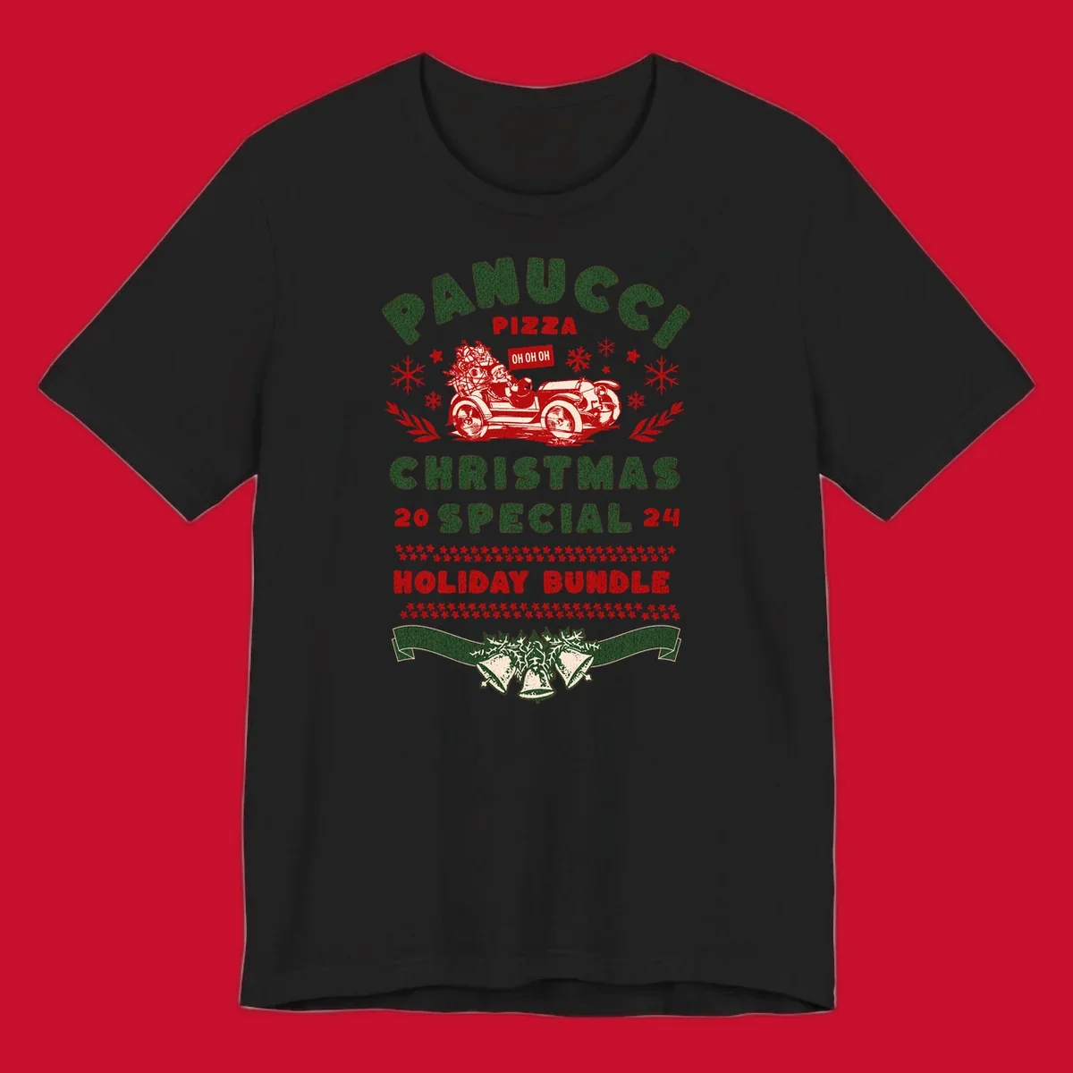 Panucci Pizza Christmas Special Holiday Bundle with Santa driving a car and festive elements.
