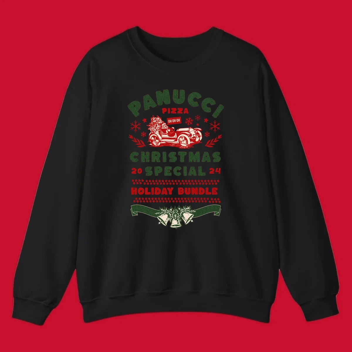 Panucci Pizza Christmas Special Holiday Bundle with Santa driving a car and festive elements.