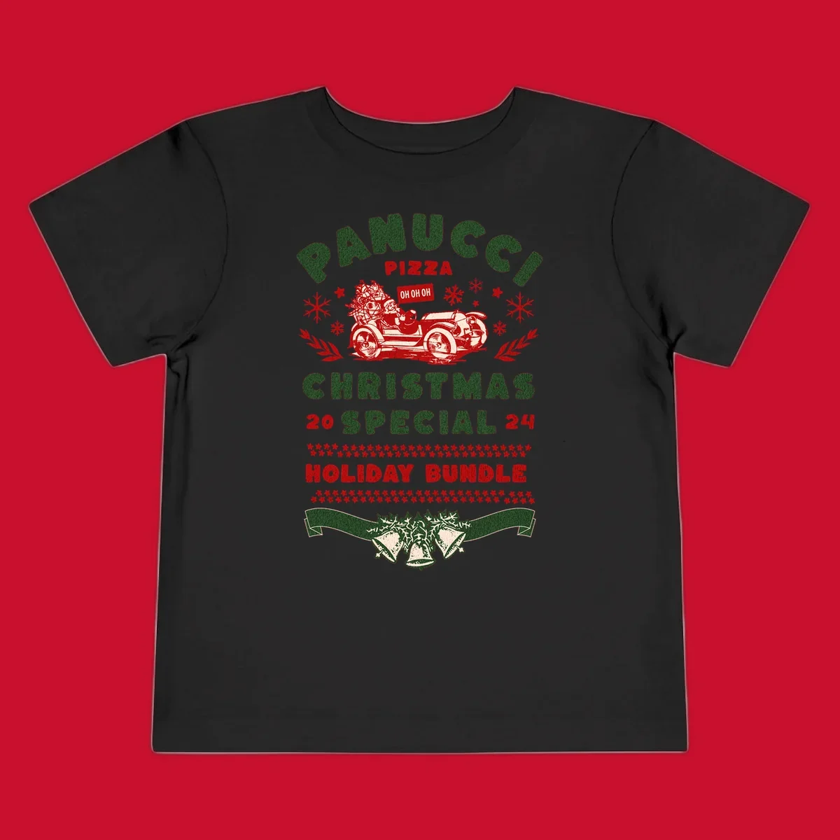 Panucci Pizza Christmas Special Holiday Bundle with Santa driving a car and festive elements.