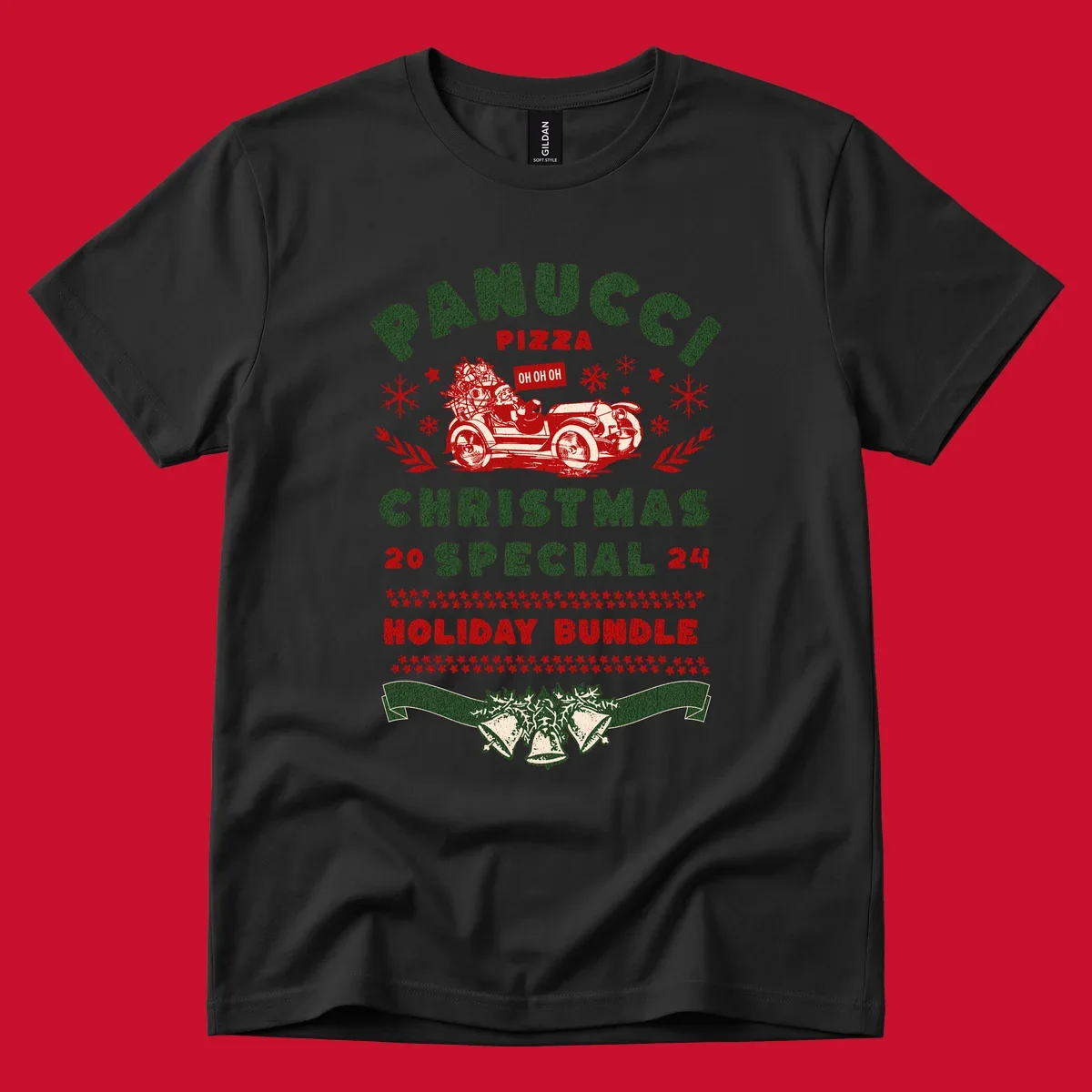Panucci Pizza Christmas Special Holiday Bundle with Santa driving a car and festive elements.