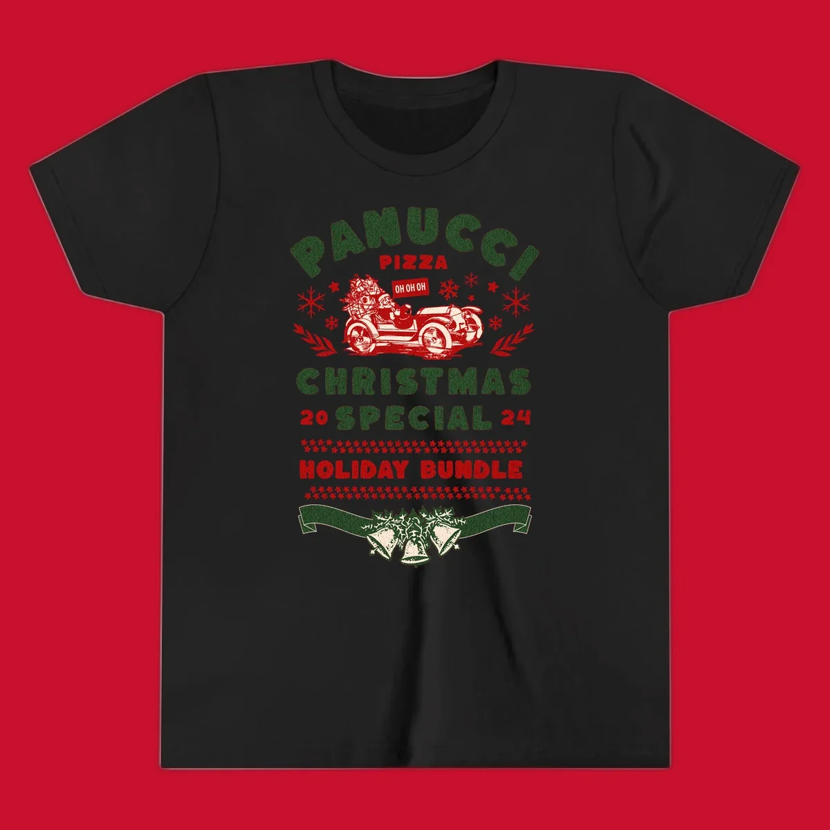 Panucci Pizza Christmas Special Holiday Bundle with Santa driving a car and festive elements.