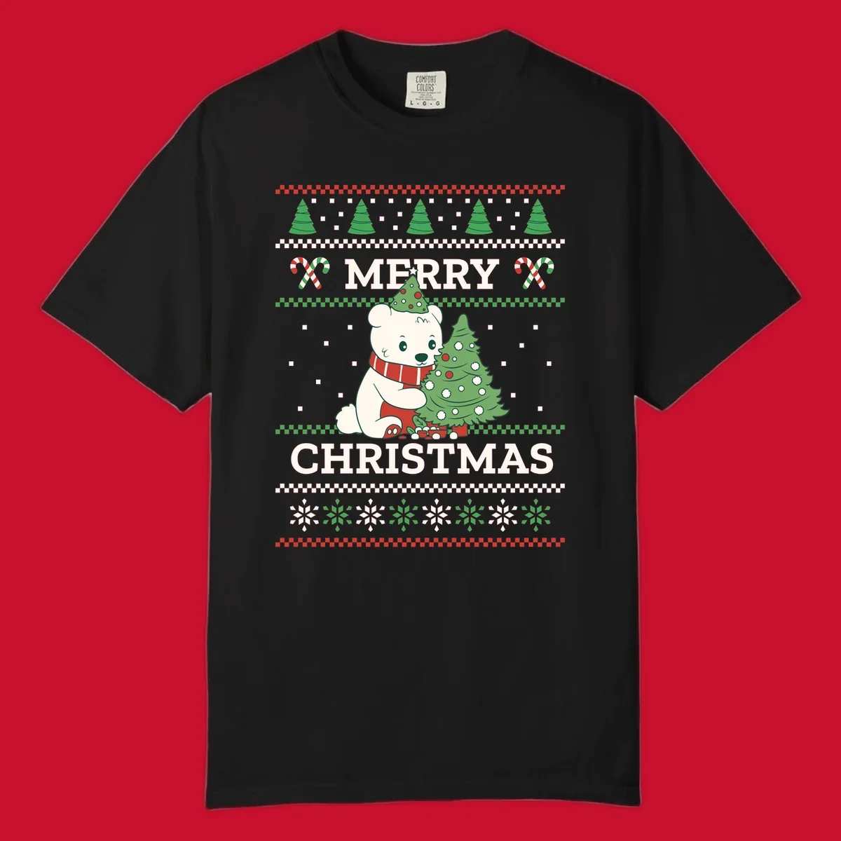 Ugly Christmas polar bear with tree and candy canes. Merry Christmas text.