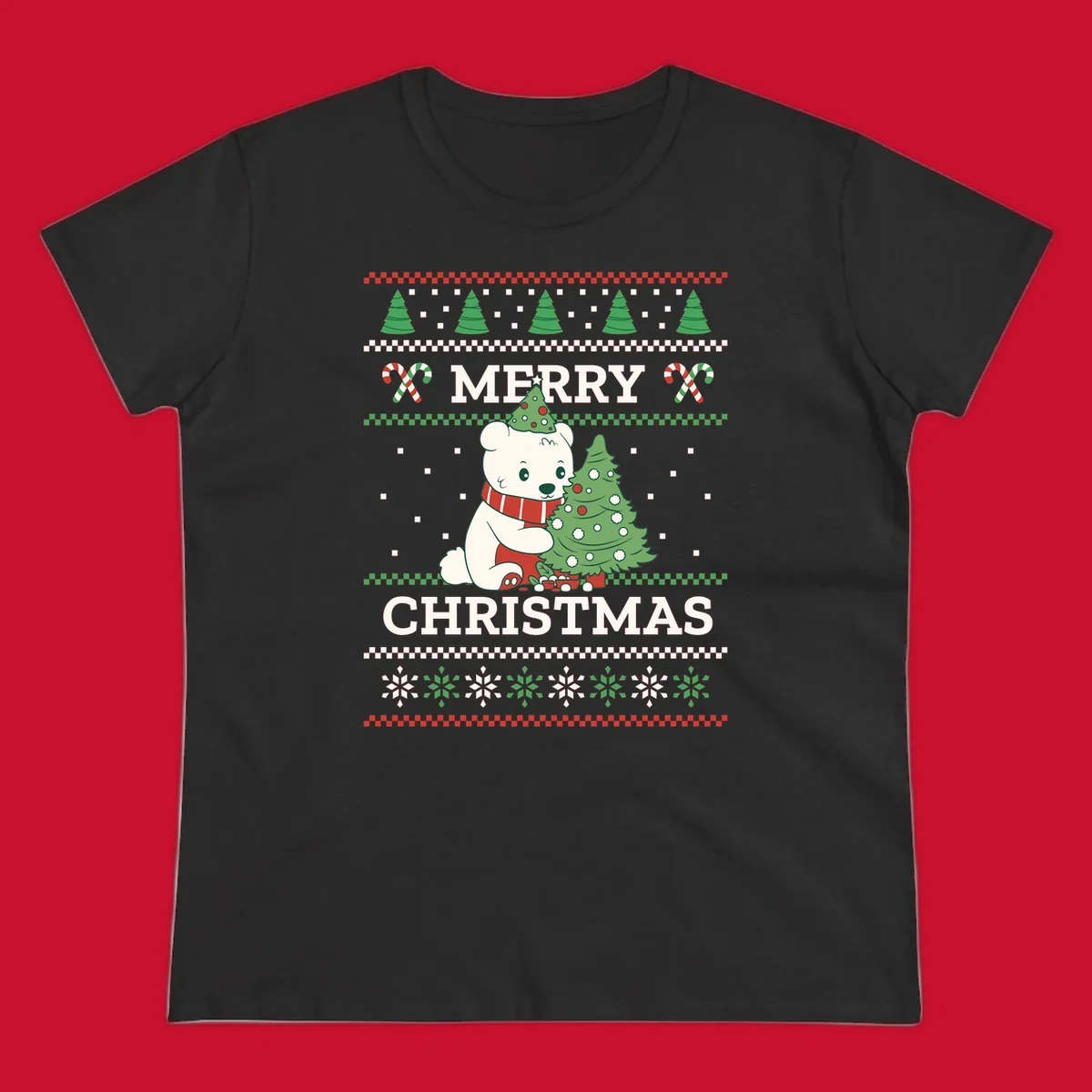 Ugly Christmas polar bear with tree and candy canes. Merry Christmas text.