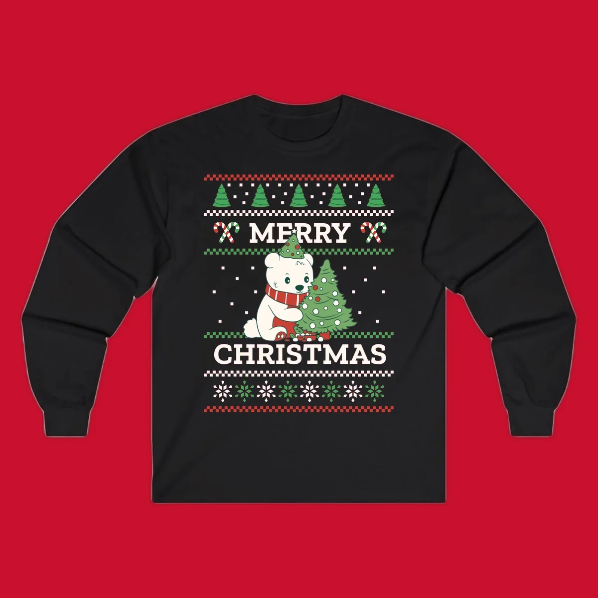 Ugly Christmas polar bear with tree and candy canes. Merry Christmas text.
