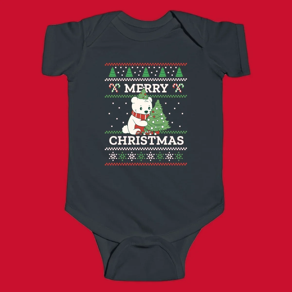 Ugly Christmas polar bear with tree and candy canes. Merry Christmas text.