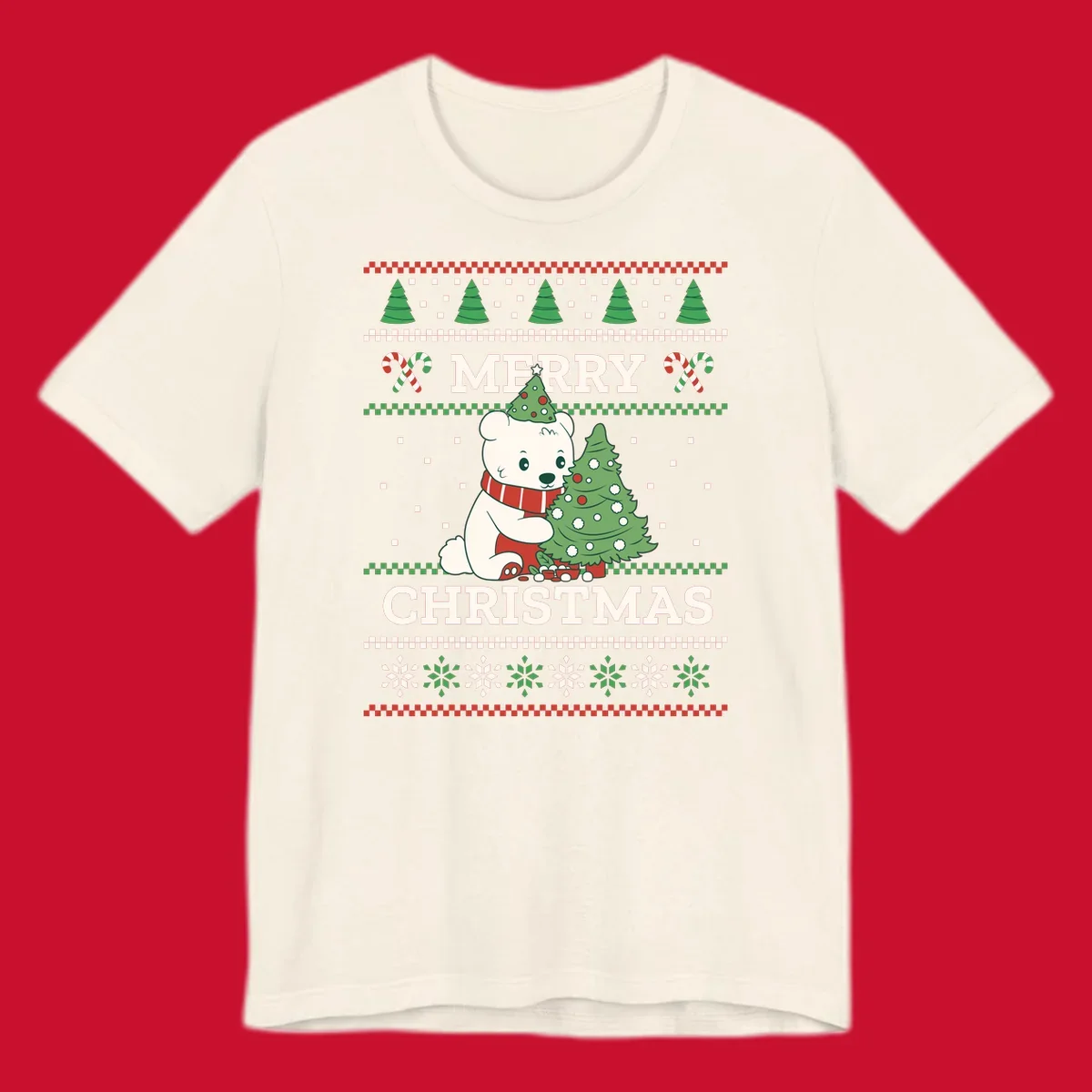 Ugly Christmas polar bear with tree and candy canes. Merry Christmas text.
