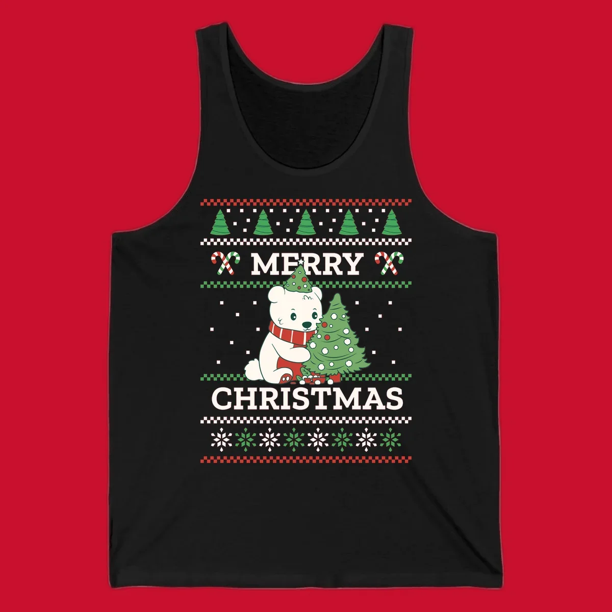 Ugly Christmas polar bear with tree and candy canes. Merry Christmas text.