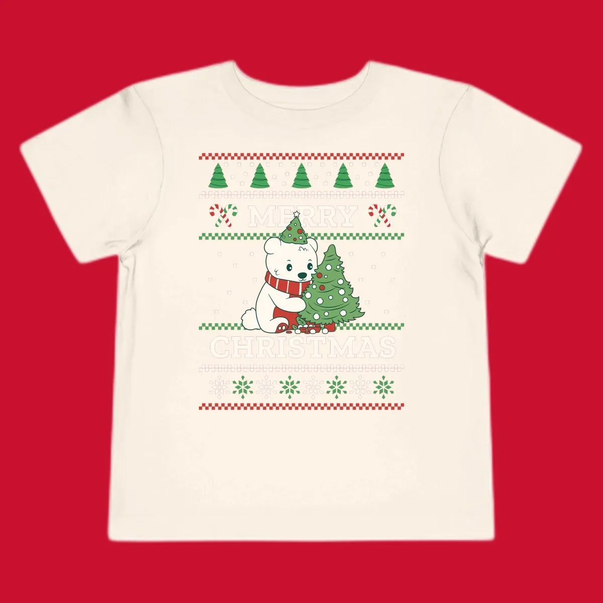 Ugly Christmas polar bear with tree and candy canes. Merry Christmas text.