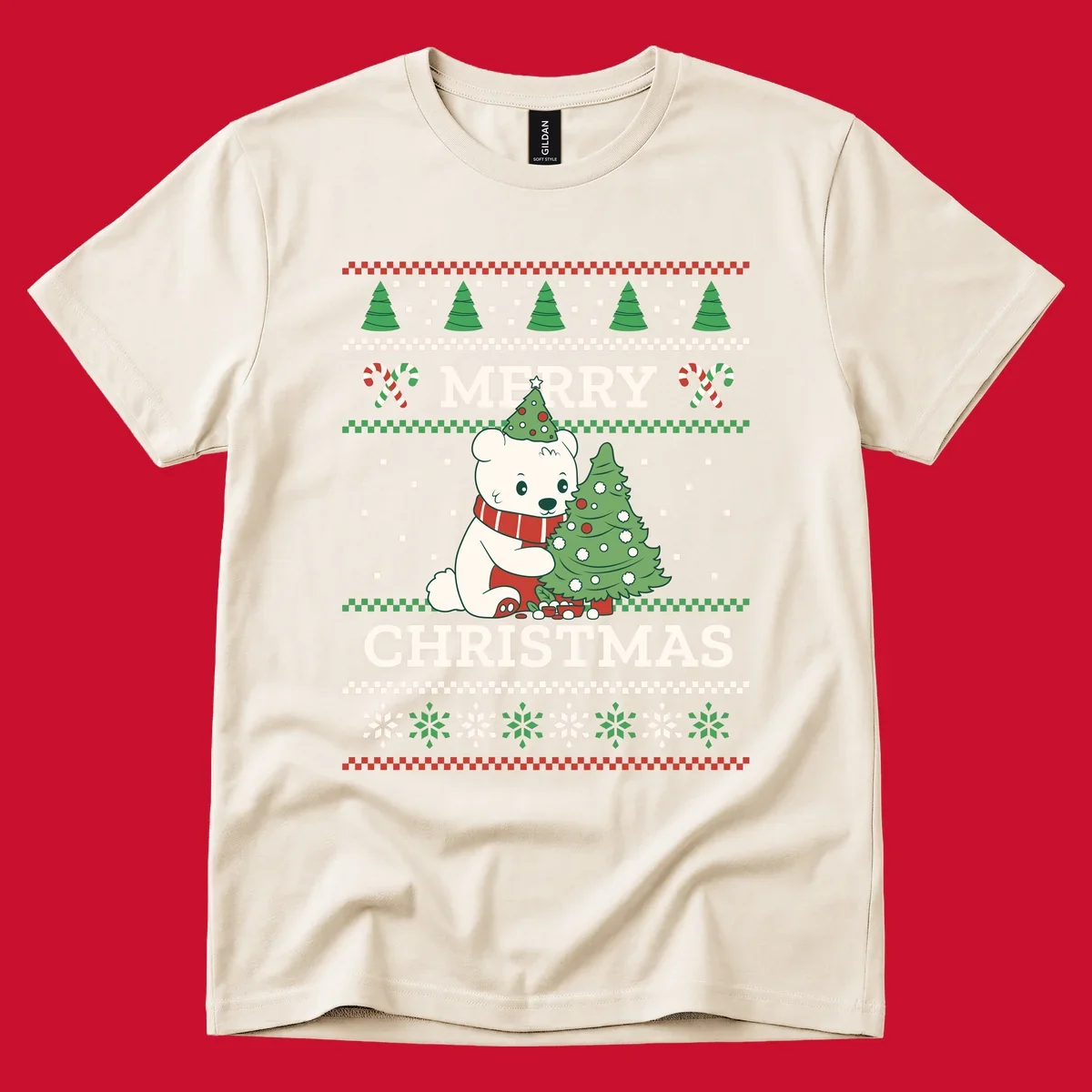 Ugly Christmas polar bear with tree and candy canes. Merry Christmas text.