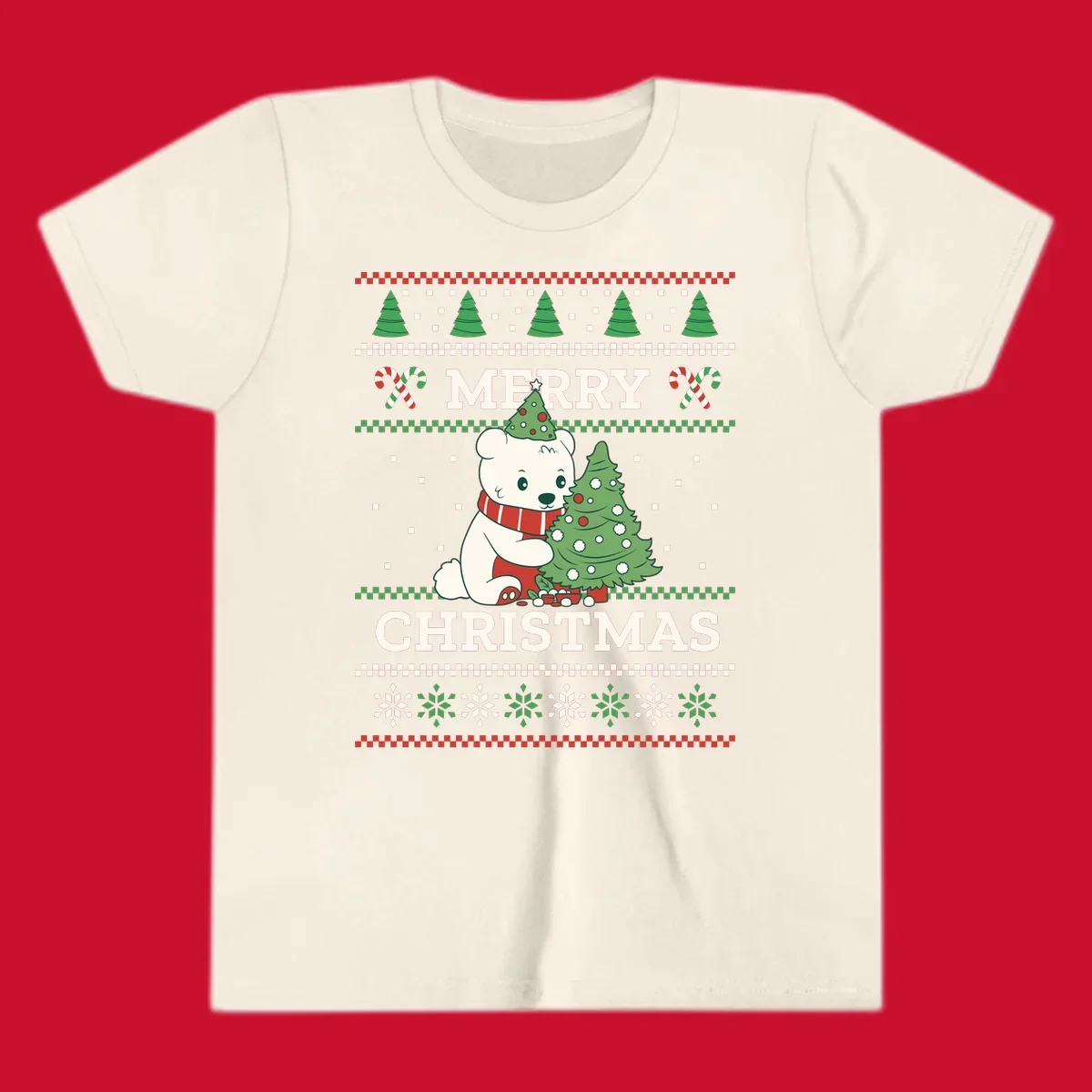 Ugly Christmas polar bear with tree and candy canes. Merry Christmas text.