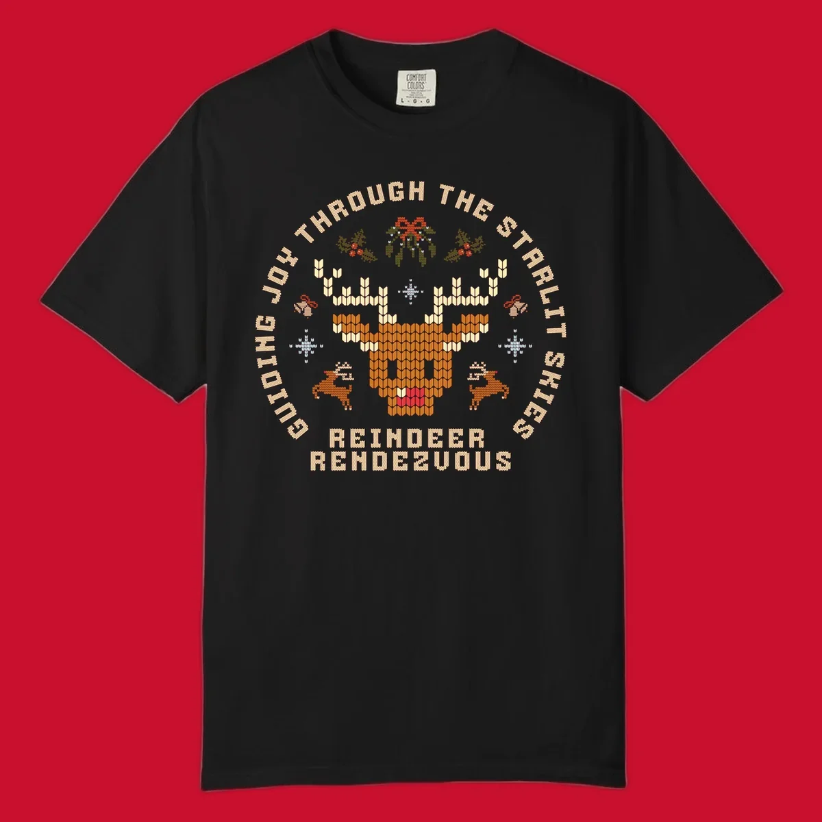 Ugly Christmas reindeer rendezvous graphic with text, featuring a pixelated reindeer head.