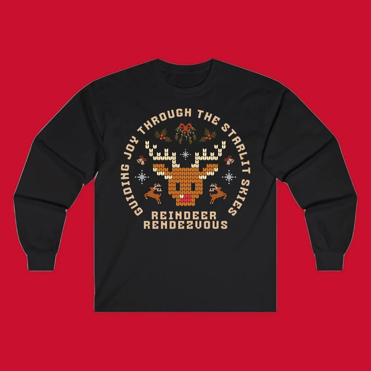 Ugly Christmas reindeer rendezvous graphic with text, featuring a pixelated reindeer head.