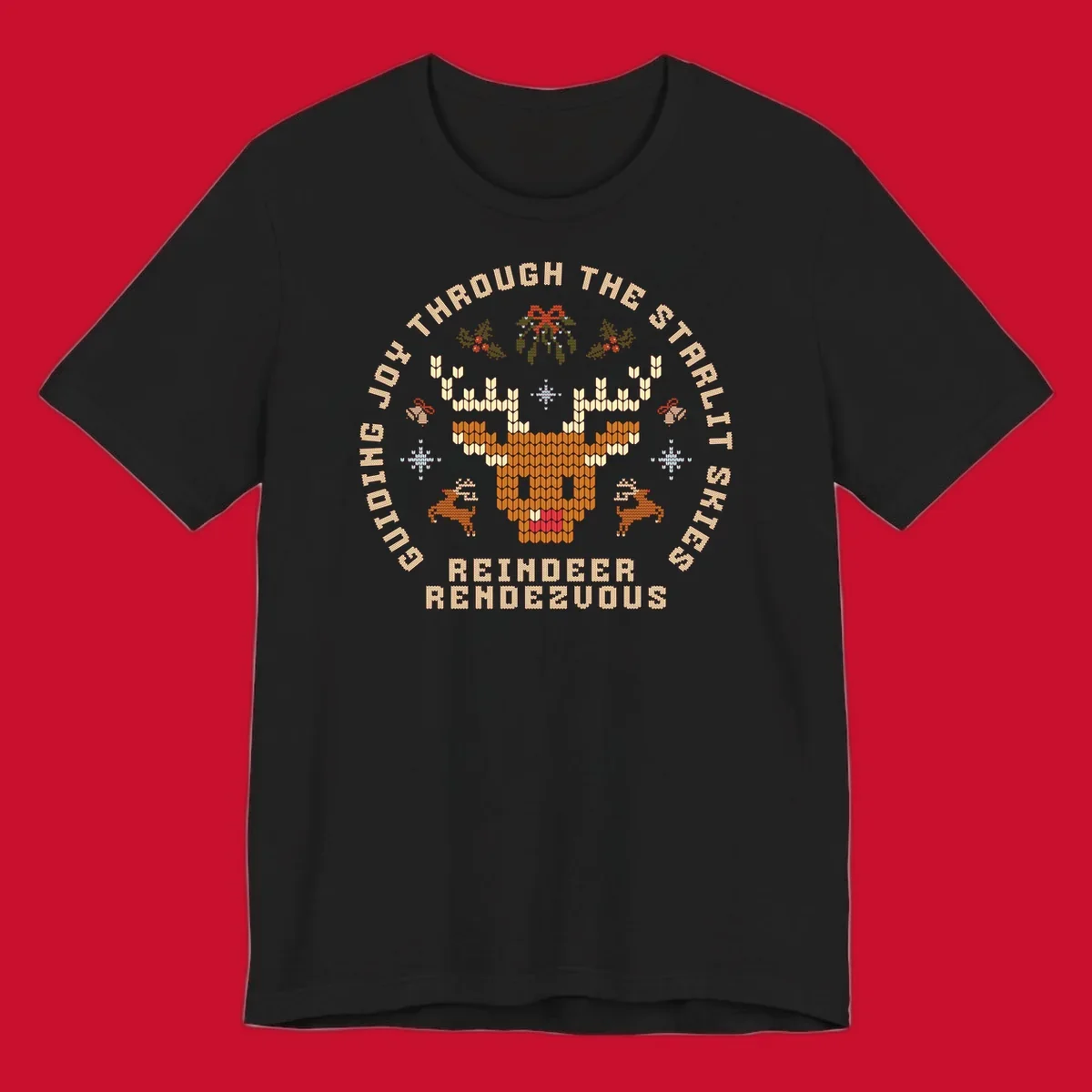 Ugly Christmas reindeer rendezvous graphic with text, featuring a pixelated reindeer head.