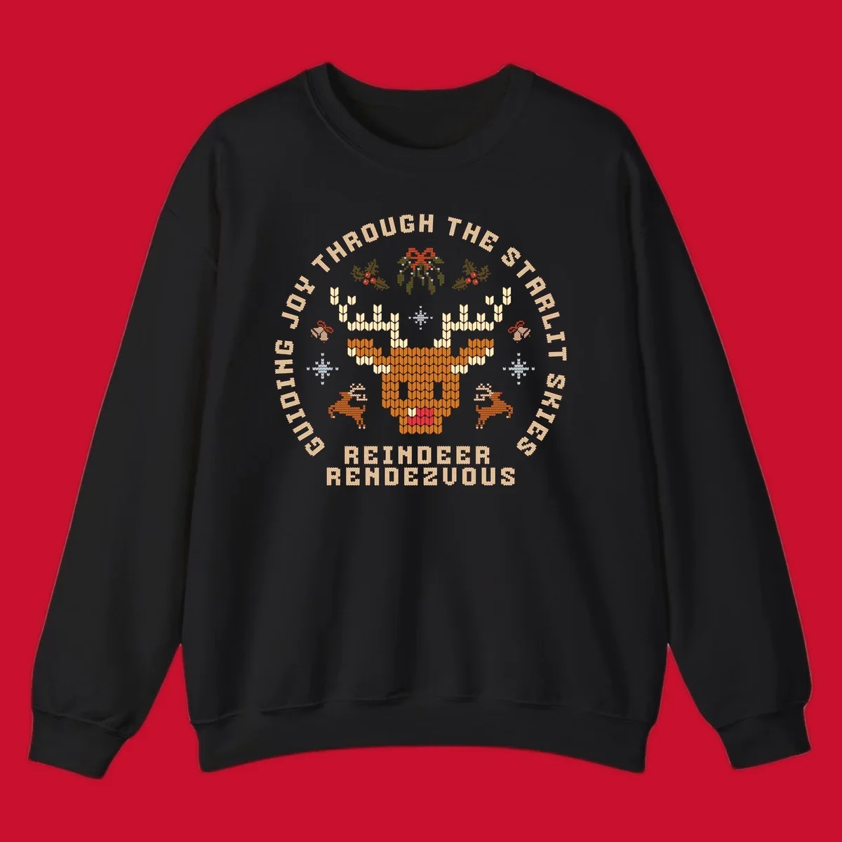 Ugly Christmas reindeer rendezvous graphic with text, featuring a pixelated reindeer head.