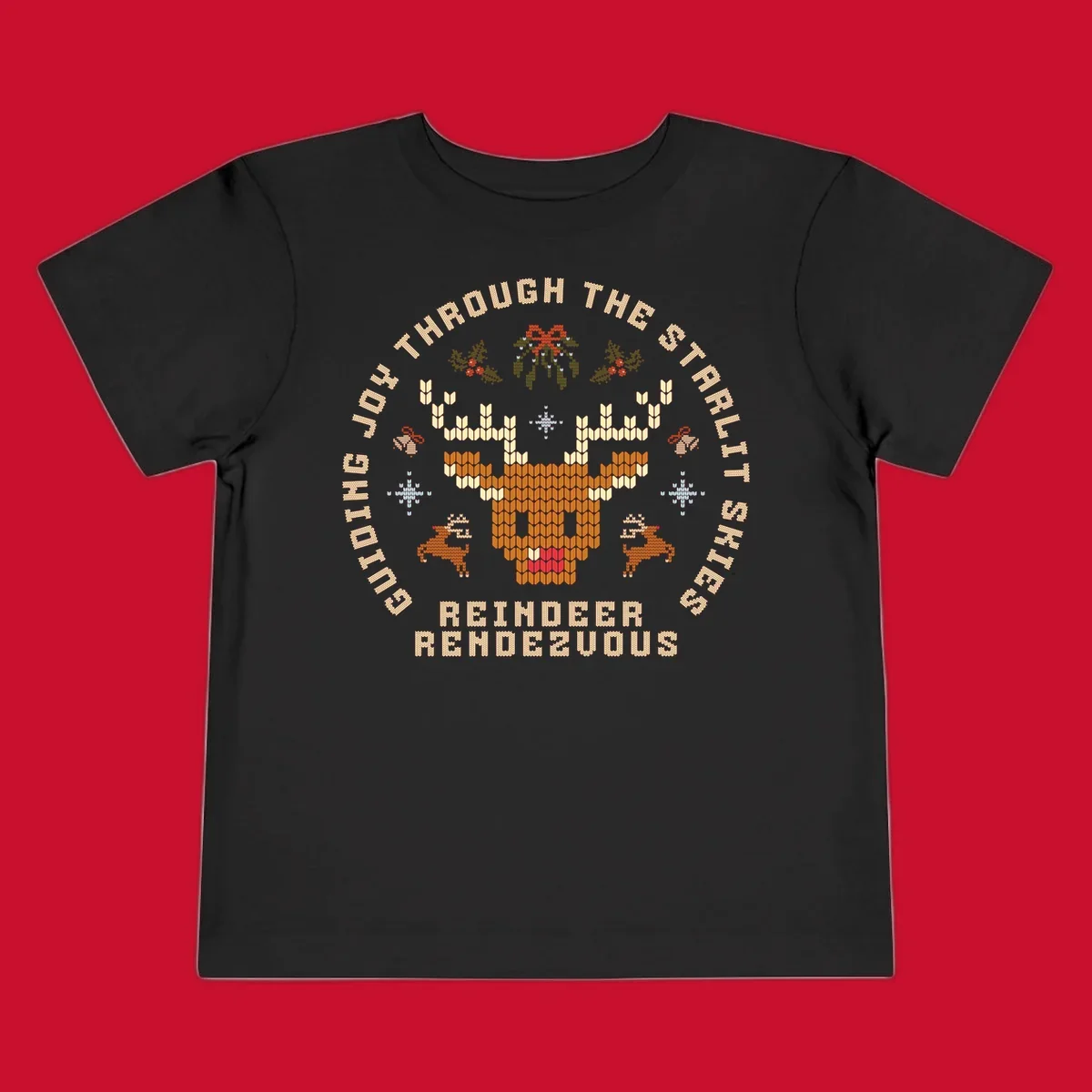 Ugly Christmas reindeer rendezvous graphic with text, featuring a pixelated reindeer head.