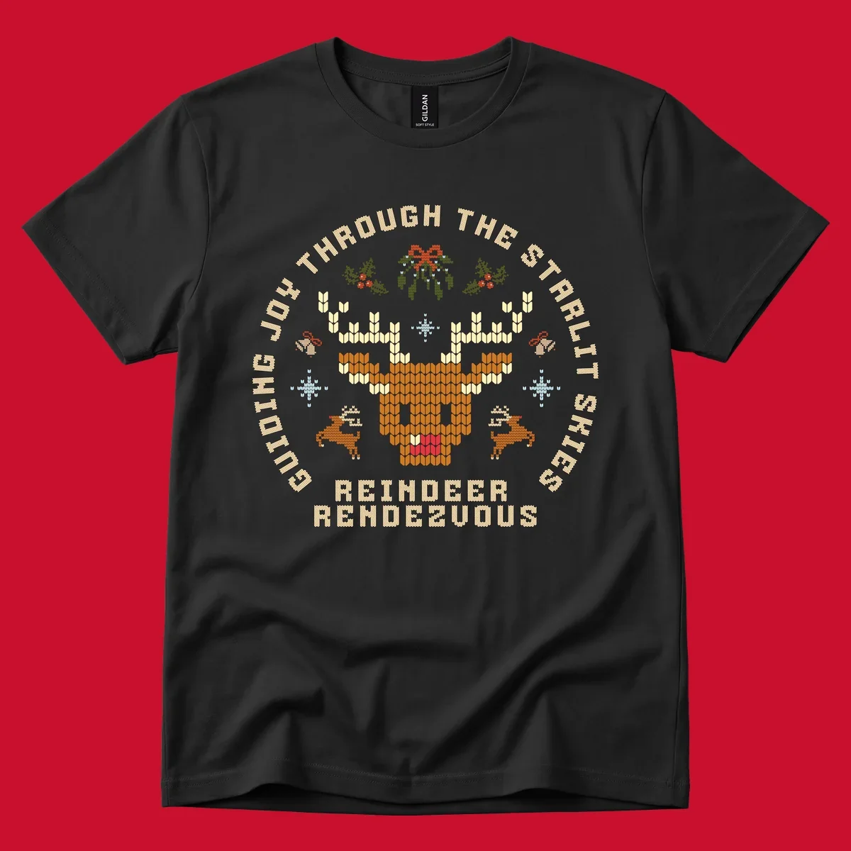 Ugly Christmas reindeer rendezvous graphic with text, featuring a pixelated reindeer head.