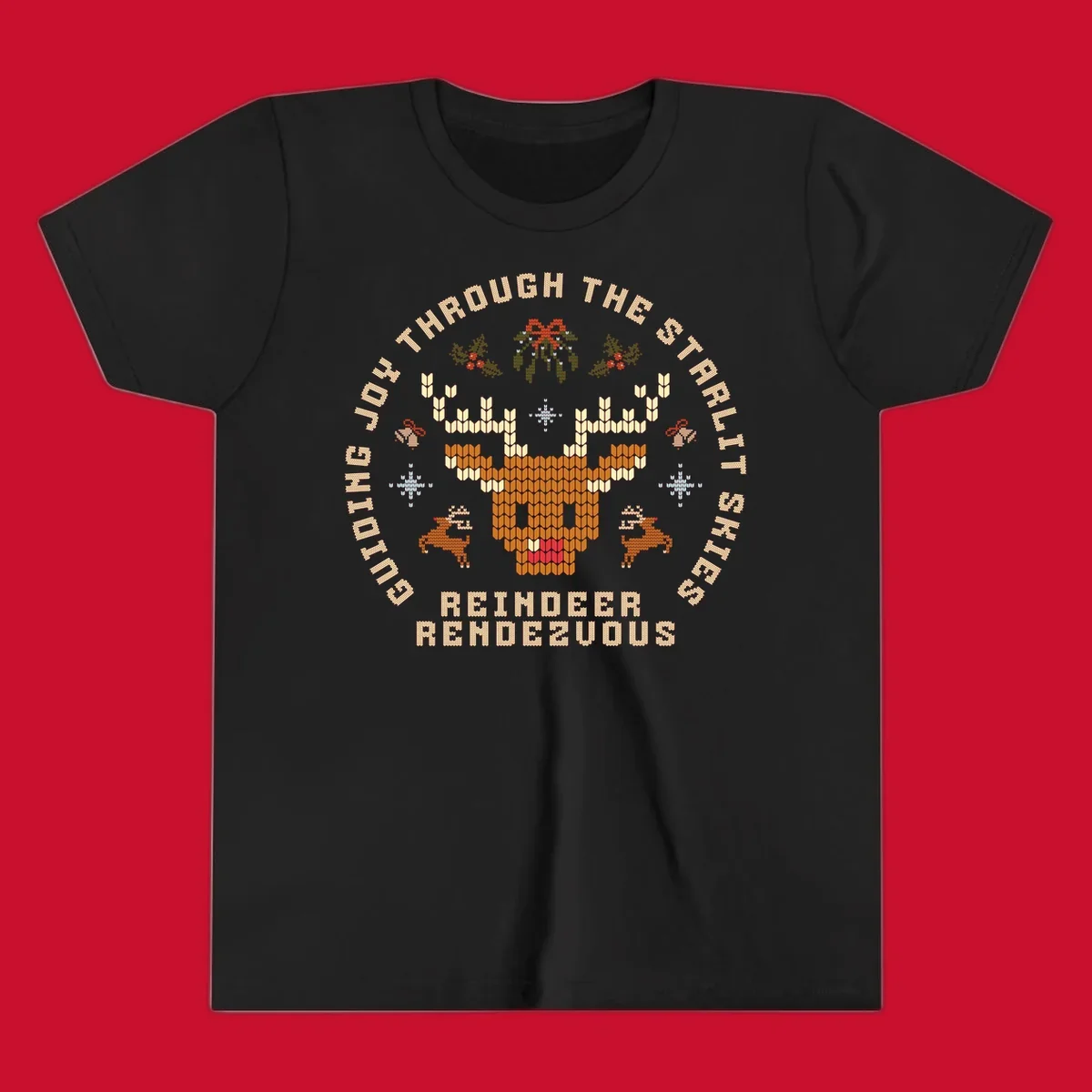 Ugly Christmas reindeer rendezvous graphic with text, featuring a pixelated reindeer head.