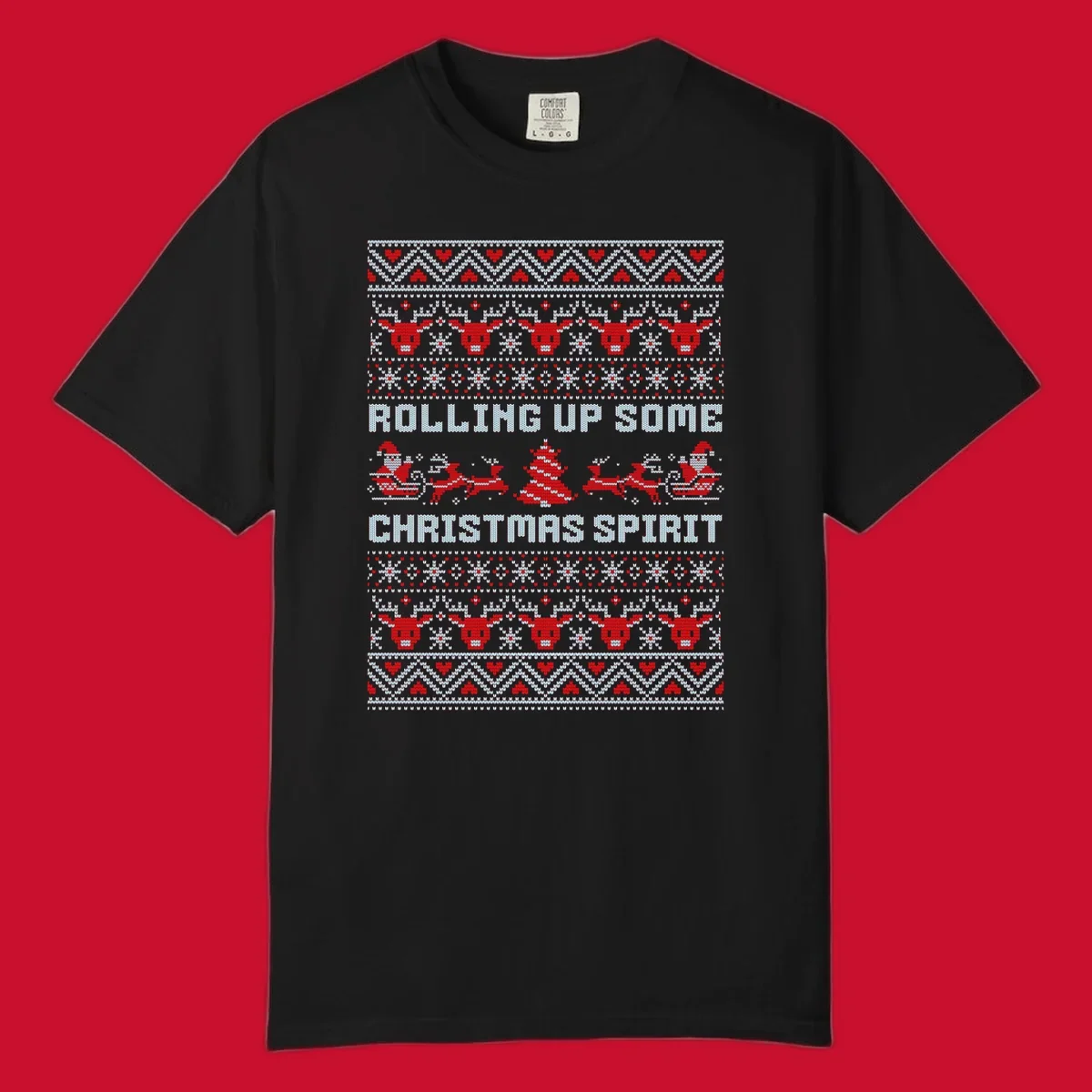 Rolling up some Christmas spirit text with Santa, reindeer, and trees.