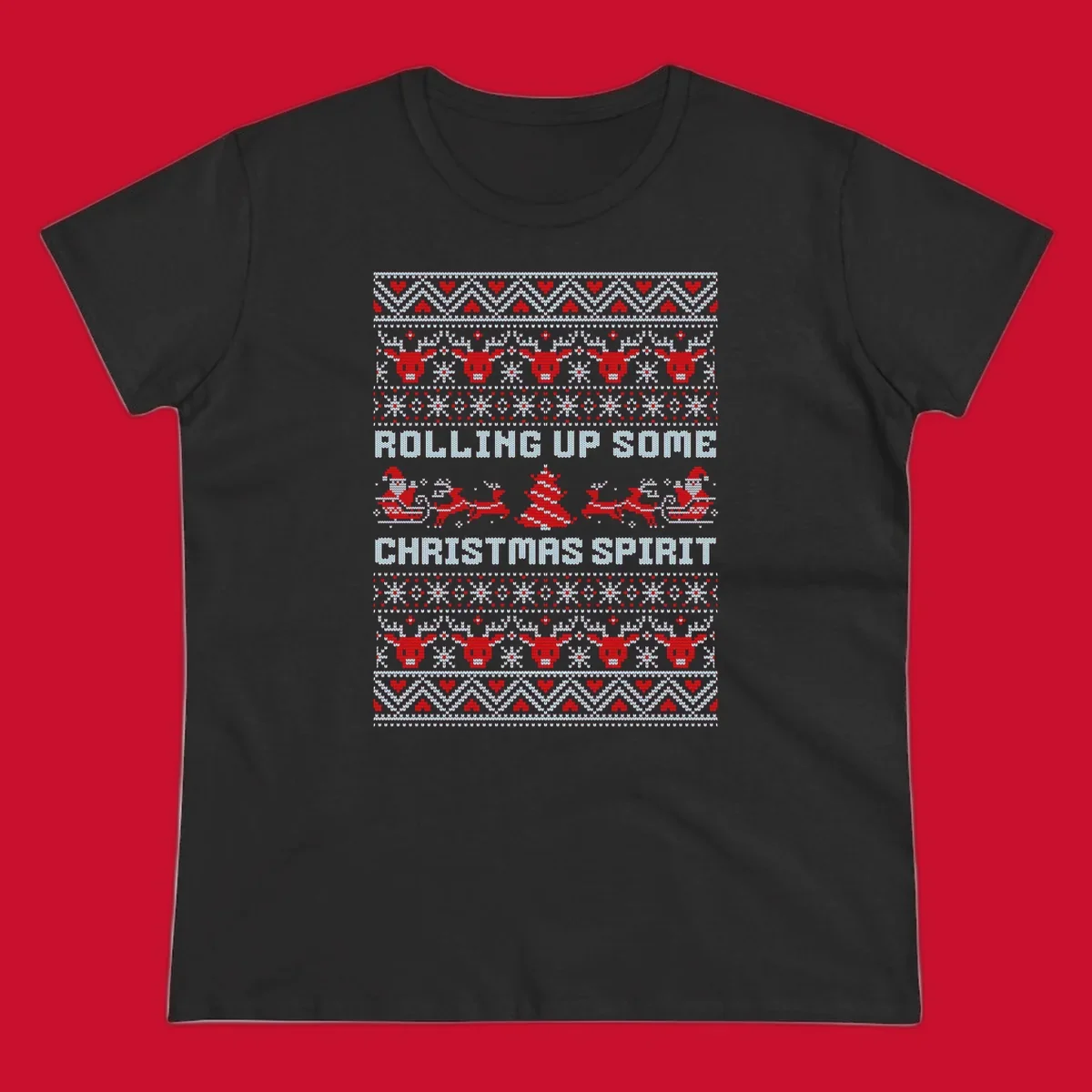 Rolling up some Christmas spirit text with Santa, reindeer, and trees.