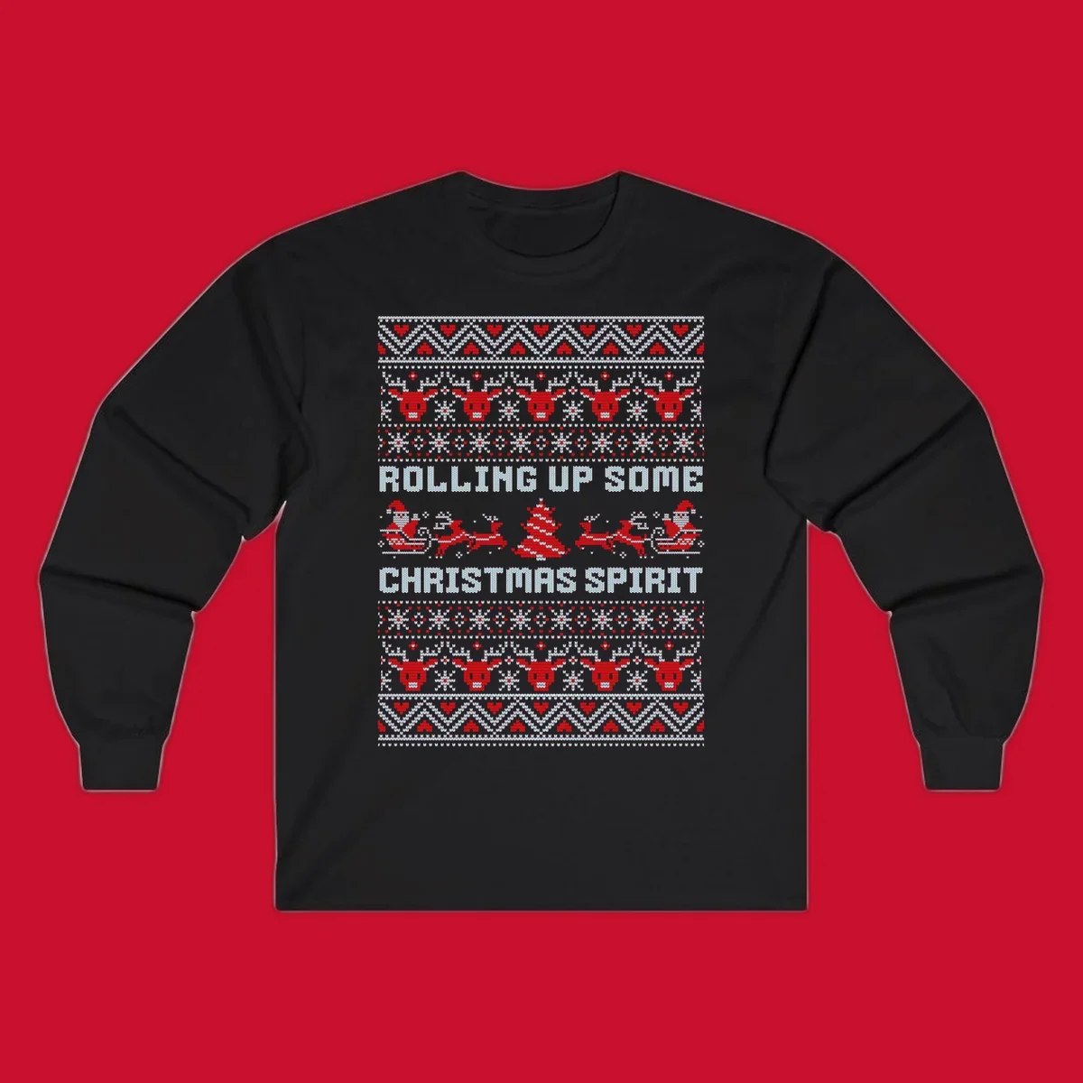 Rolling up some Christmas spirit text with Santa, reindeer, and trees.