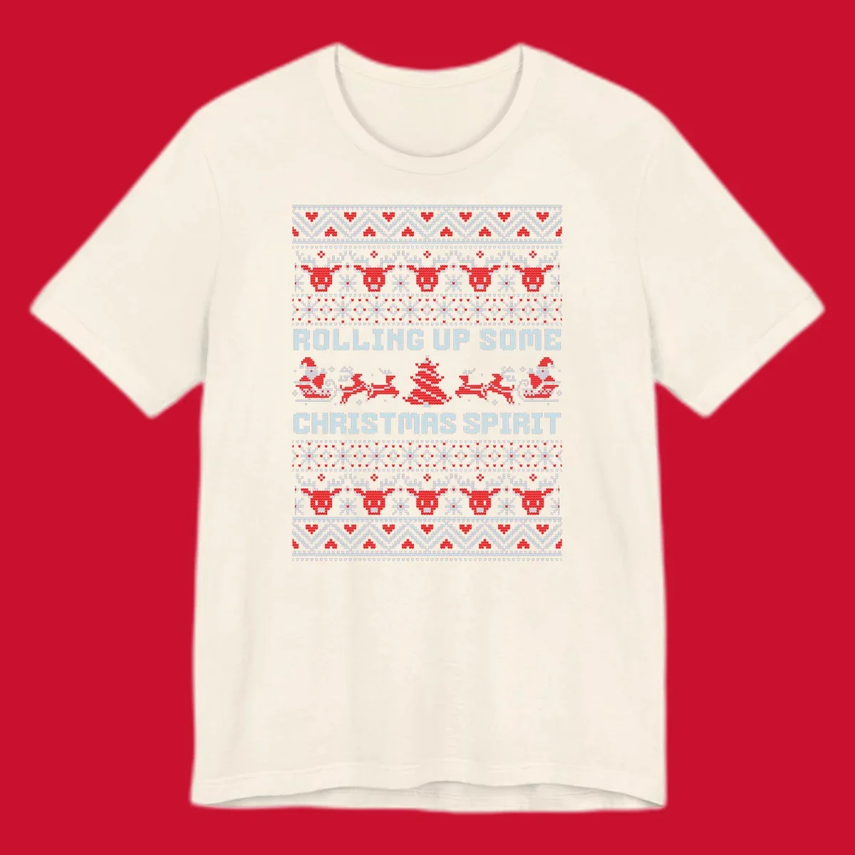 Rolling up some Christmas spirit text with Santa, reindeer, and trees.