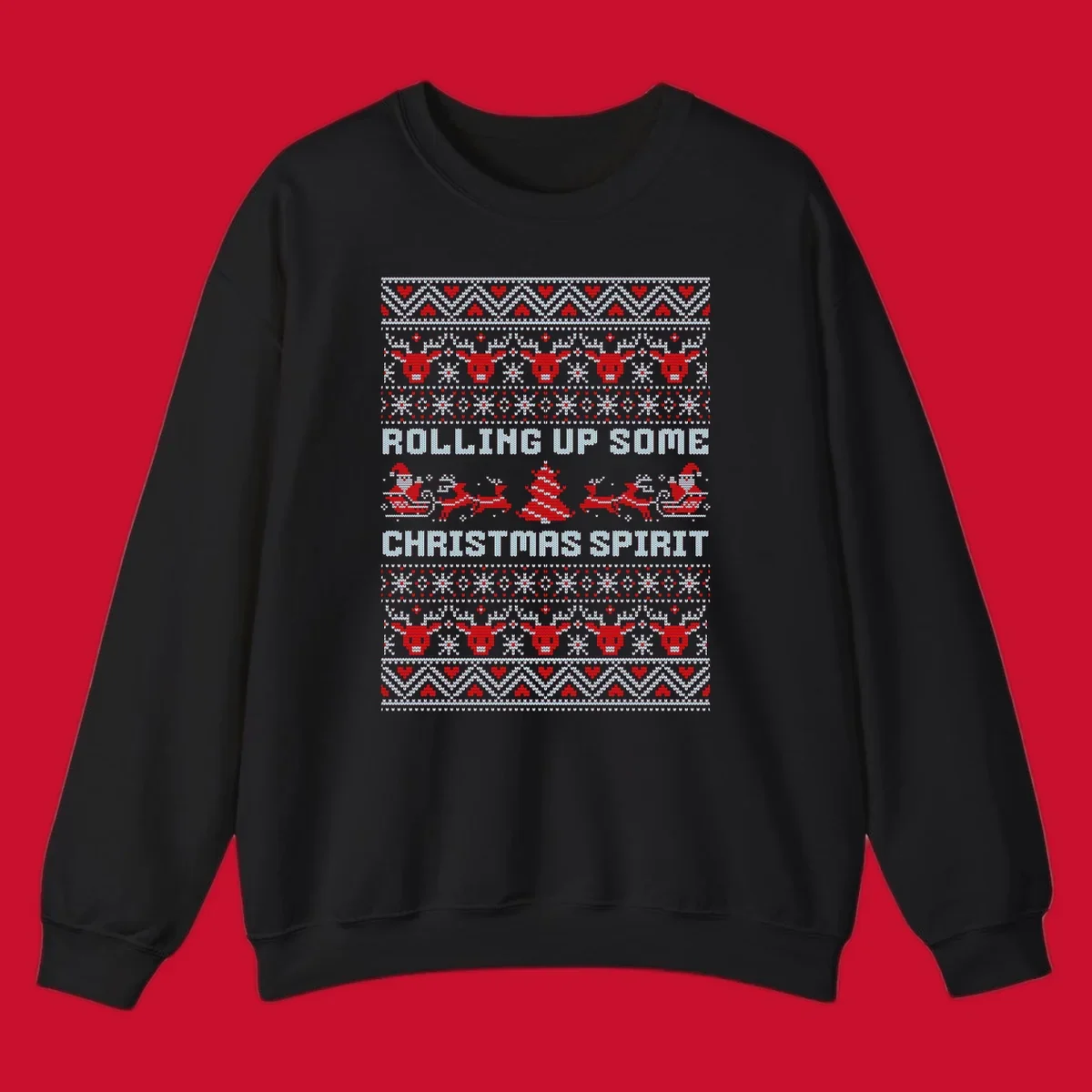 Rolling up some Christmas spirit text with Santa, reindeer, and trees.