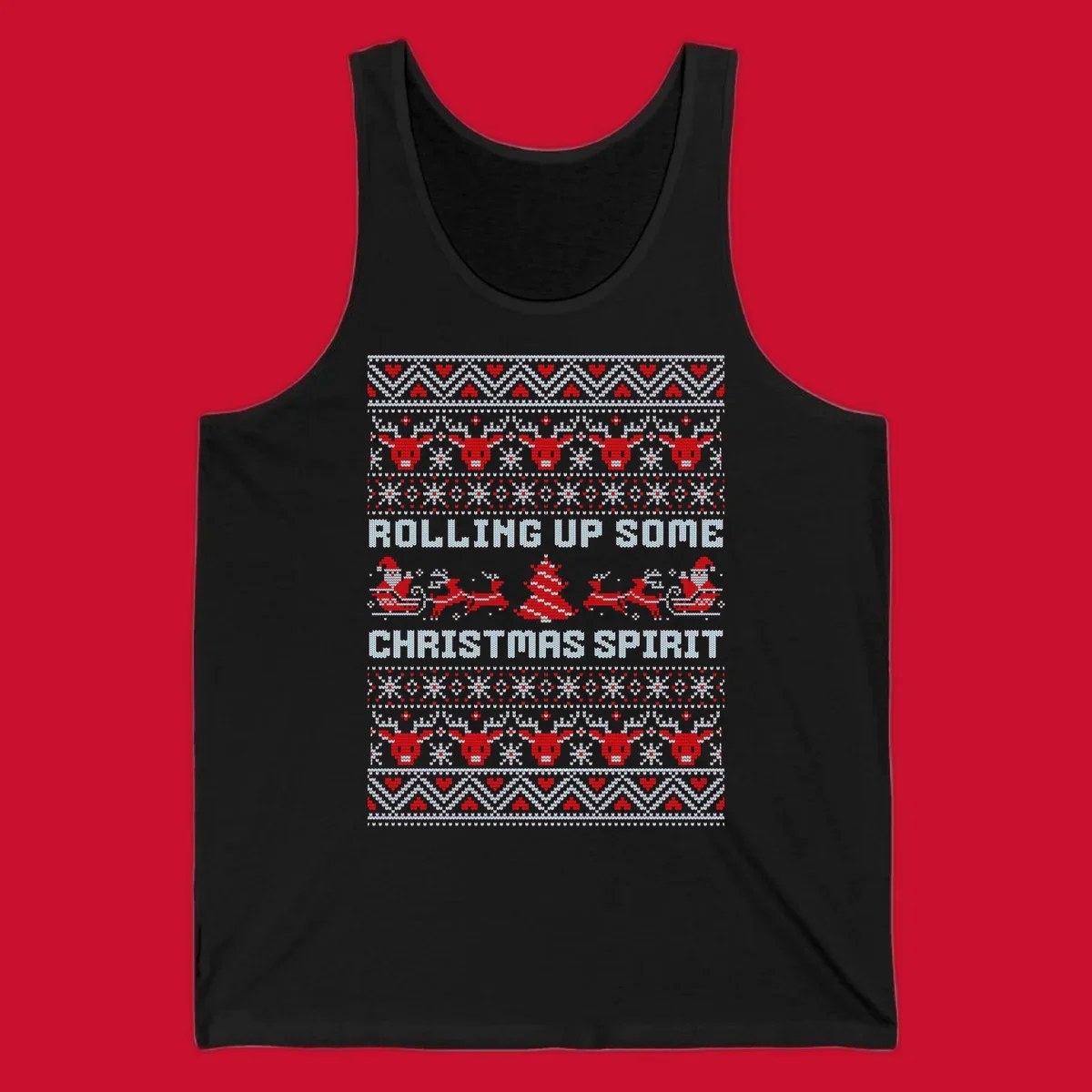 Rolling up some Christmas spirit text with Santa, reindeer, and trees.