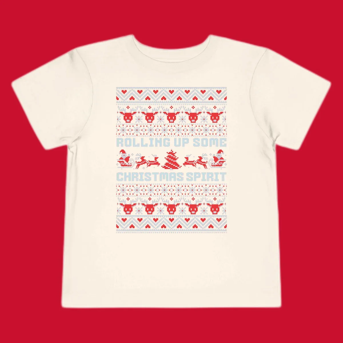 Rolling up some Christmas spirit text with Santa, reindeer, and trees.