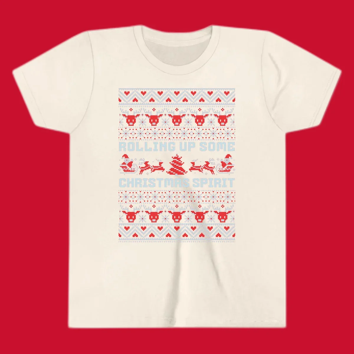 Rolling up some Christmas spirit text with Santa, reindeer, and trees.