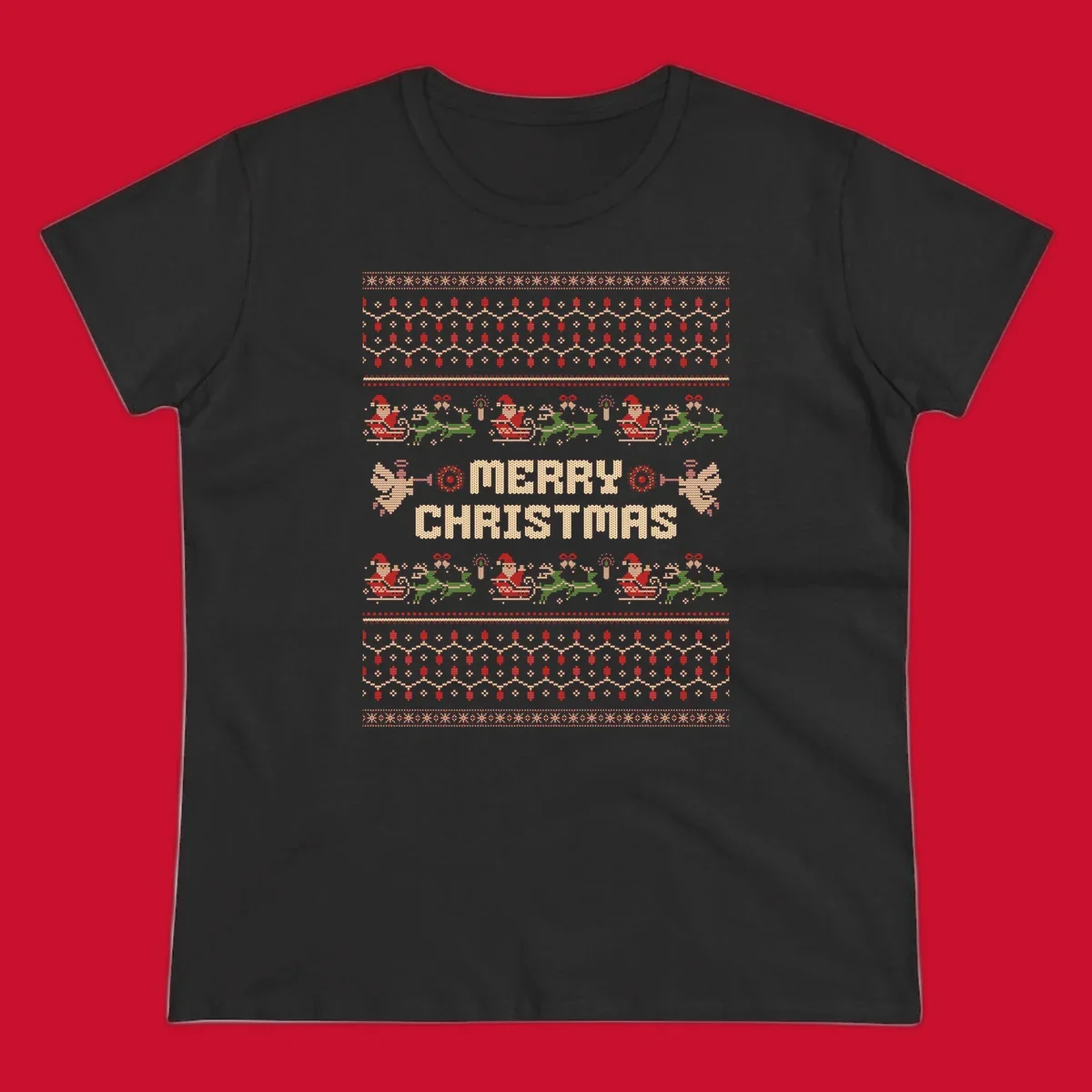Ugly Christmas Santa Reindeer Angels Merry Christmas all-over print design.