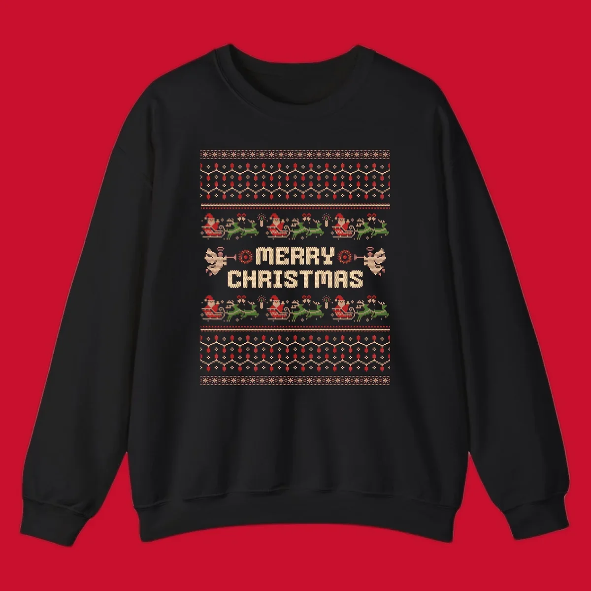 Ugly Christmas Santa Reindeer Angels Merry Christmas all-over print design.