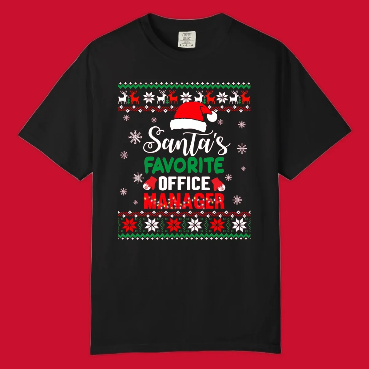 Santa's Favorite Office Manager text with Santa hat and Christmas elements.